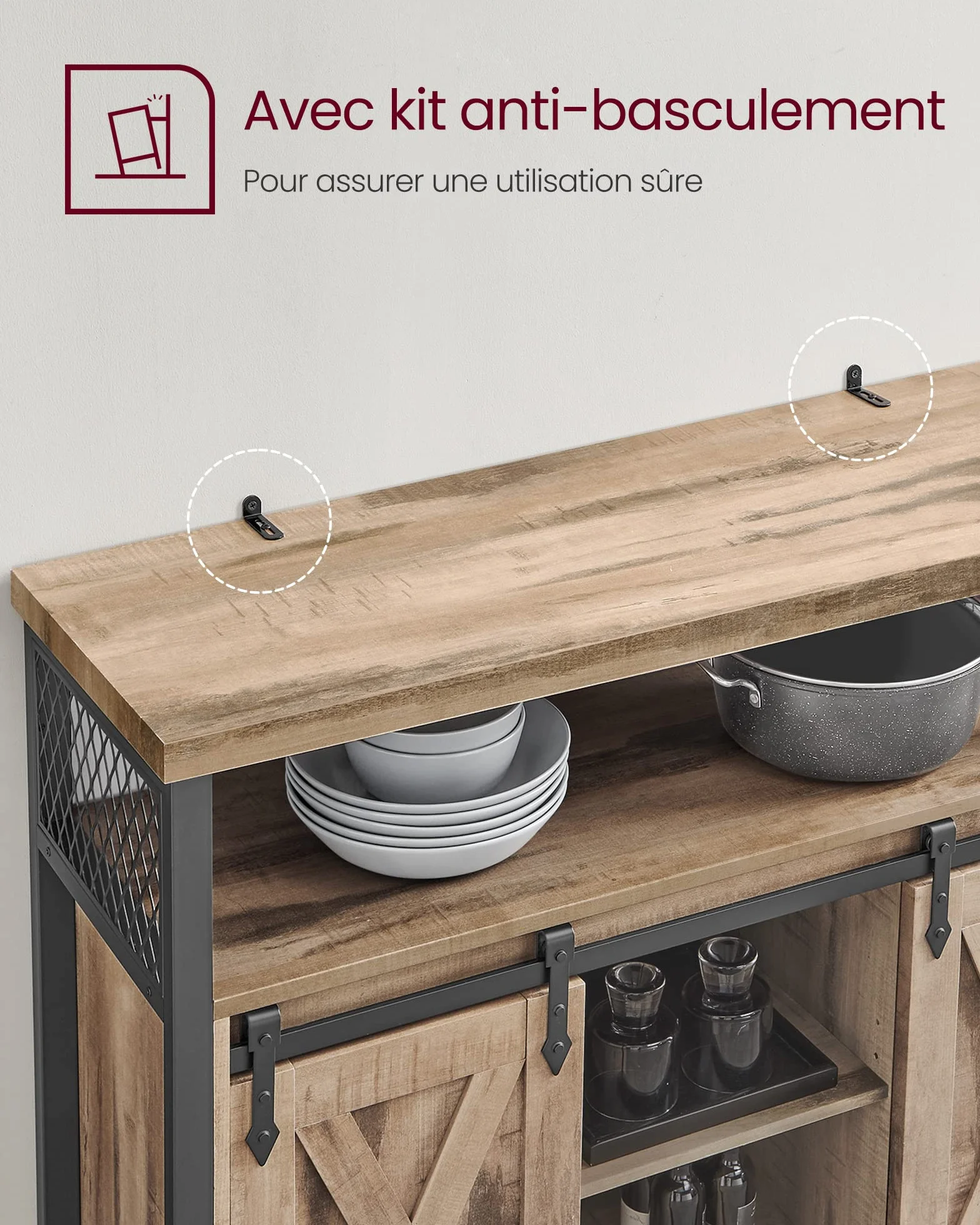 VASAGLE Meuble de Rangement, Buffet Cuisine, Commode, avec 2 Portes Coulissantes, 33 x 100 x 80 cm, Étagères Réglables, pour Salon, Marron Camel et Noir d'encre LSC092B50