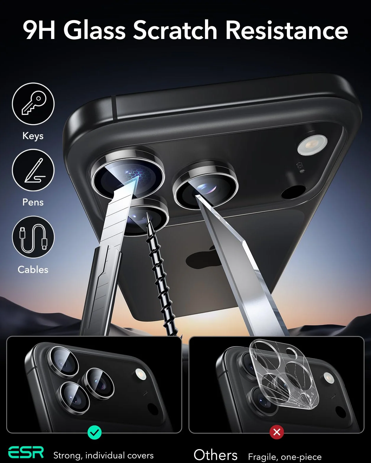 ESR do iPhone 17 Pro/17 Pro Max/16 Pro / 16 Pro Max / 15 Pro Max / 14 Pro / 14 Pro Max, wytrzymała ochrona aparatu HD, indywidualna ochrona HD, odporne na zarysowania, cienkie szkło hartowane, seria
