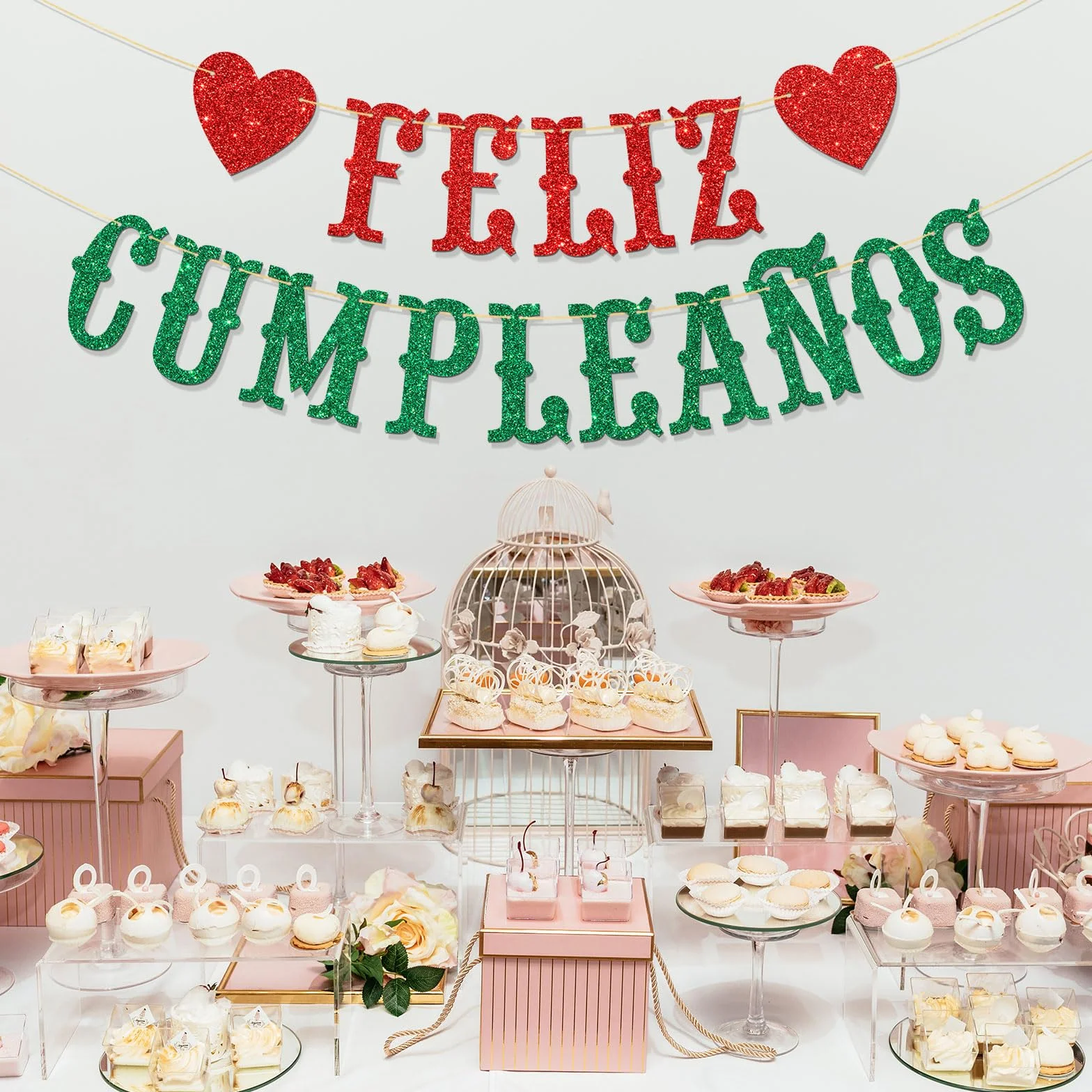 Feliz Cumpleaños Bannière Guirlande espagnole Happy Birthday Décorations fête anniversaire Rouge vert pailleté
