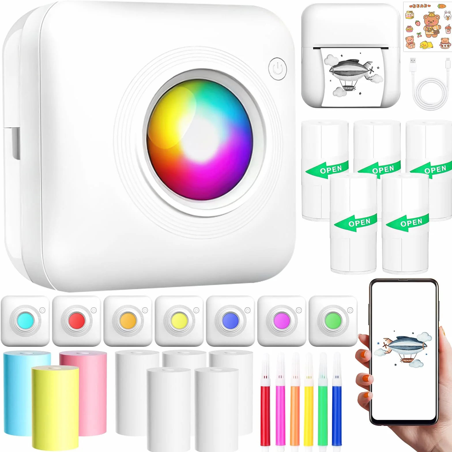Mini Imprimante Thermique Portable avec LED, Étiquettes Autocollantes pour Notes, Photos