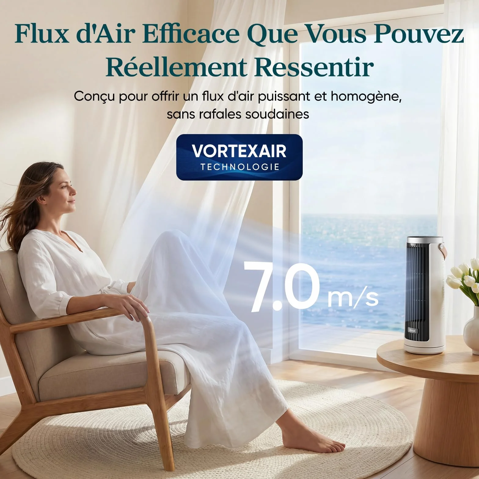Levoit Windi Mini Ventilateur Colonne Silencieux 20 dB Moteur DC 7 m/s 4 Vitesses Oscillation 90° Minuterie 12H Télécommande