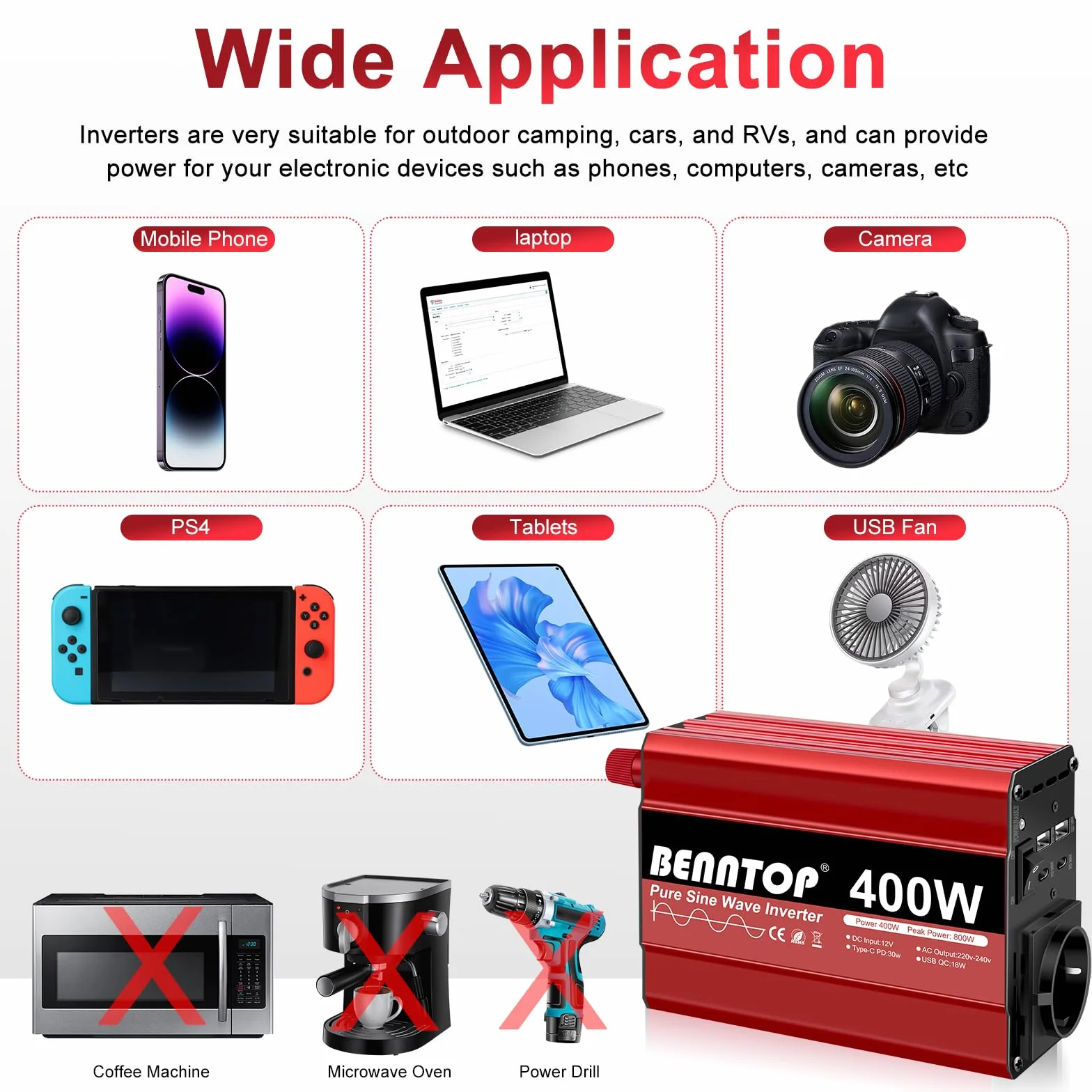 400W/800W konwerter 12 V 230 V Pure Sinus samochodowy falownik napięcia Transformator z 4 portami USB typu - A/C, 1 gniazdo UE Ładowanie laptopa, iPada, iPhone'a i nie tylko