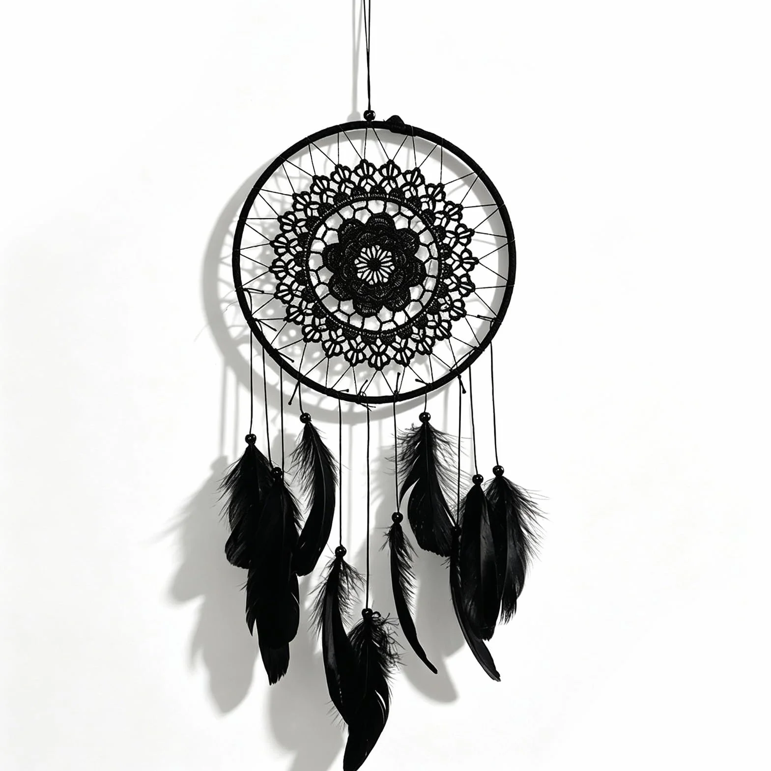 Attrape-Rêves Noir à Plumes Fait Main 20.5 cm Décor Rétro Romantique