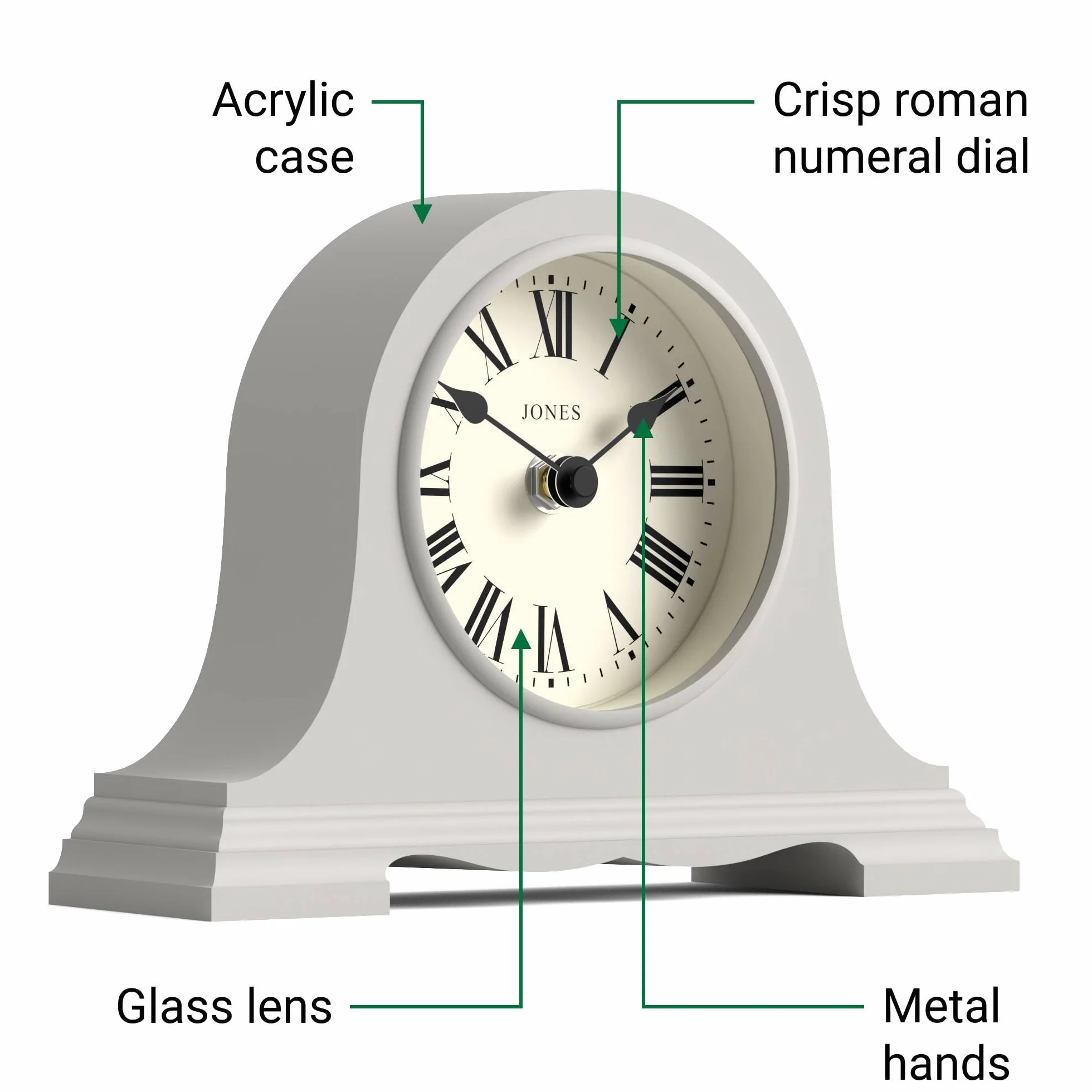 JONES CLOCKS® Speakeasy Petite Horloge à Cheminée, Conception Chapeau de Napoléon, Chiffres Romains, Grey