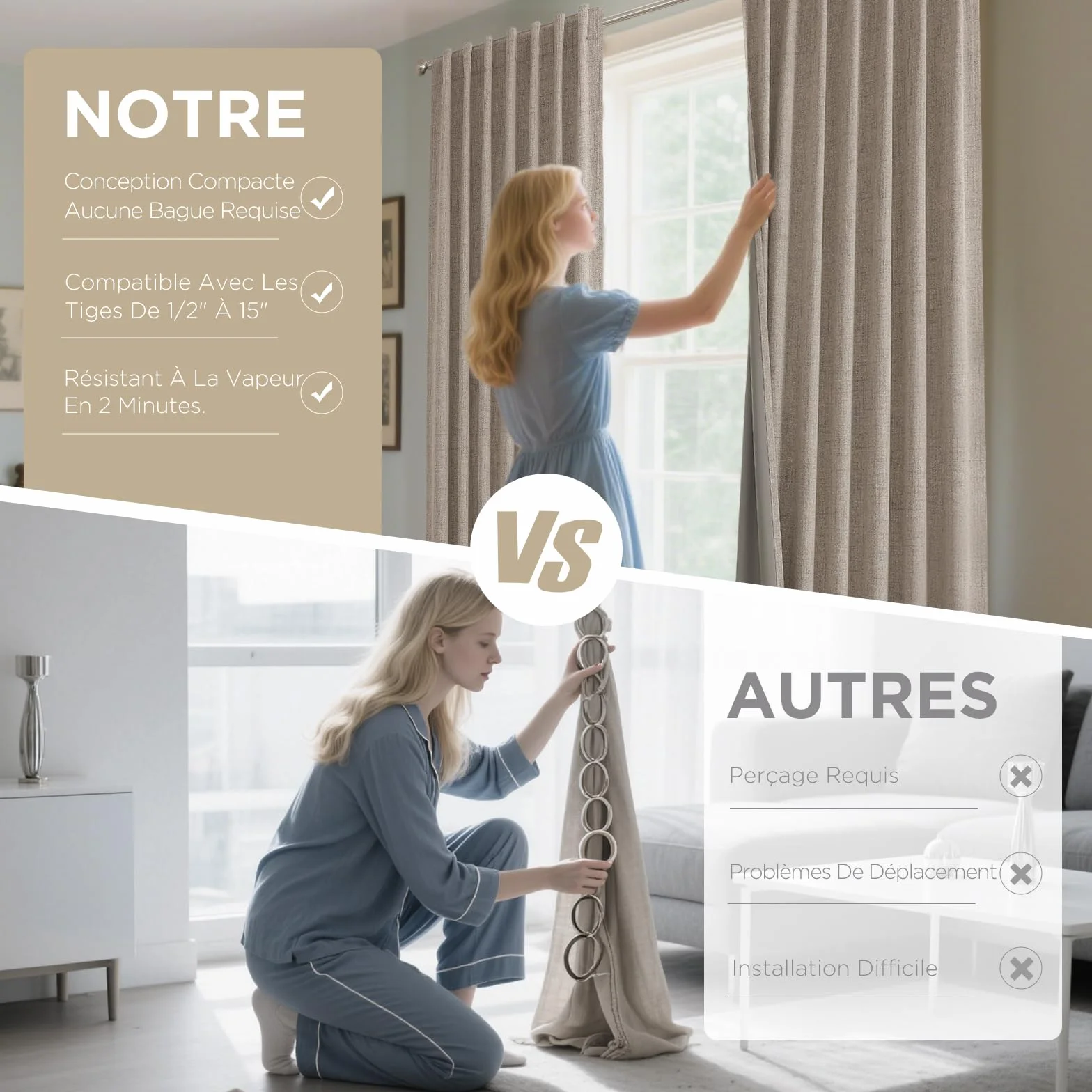 Joydeco 100% Rideau Occultant Lin 135x240 cm 2 Pièces, Double Rideaux Isolant Thermique Anti UV à Pattes Cachées et à Passe Tringle pour Décoration Chambre Salon et Protection d'Ameublement