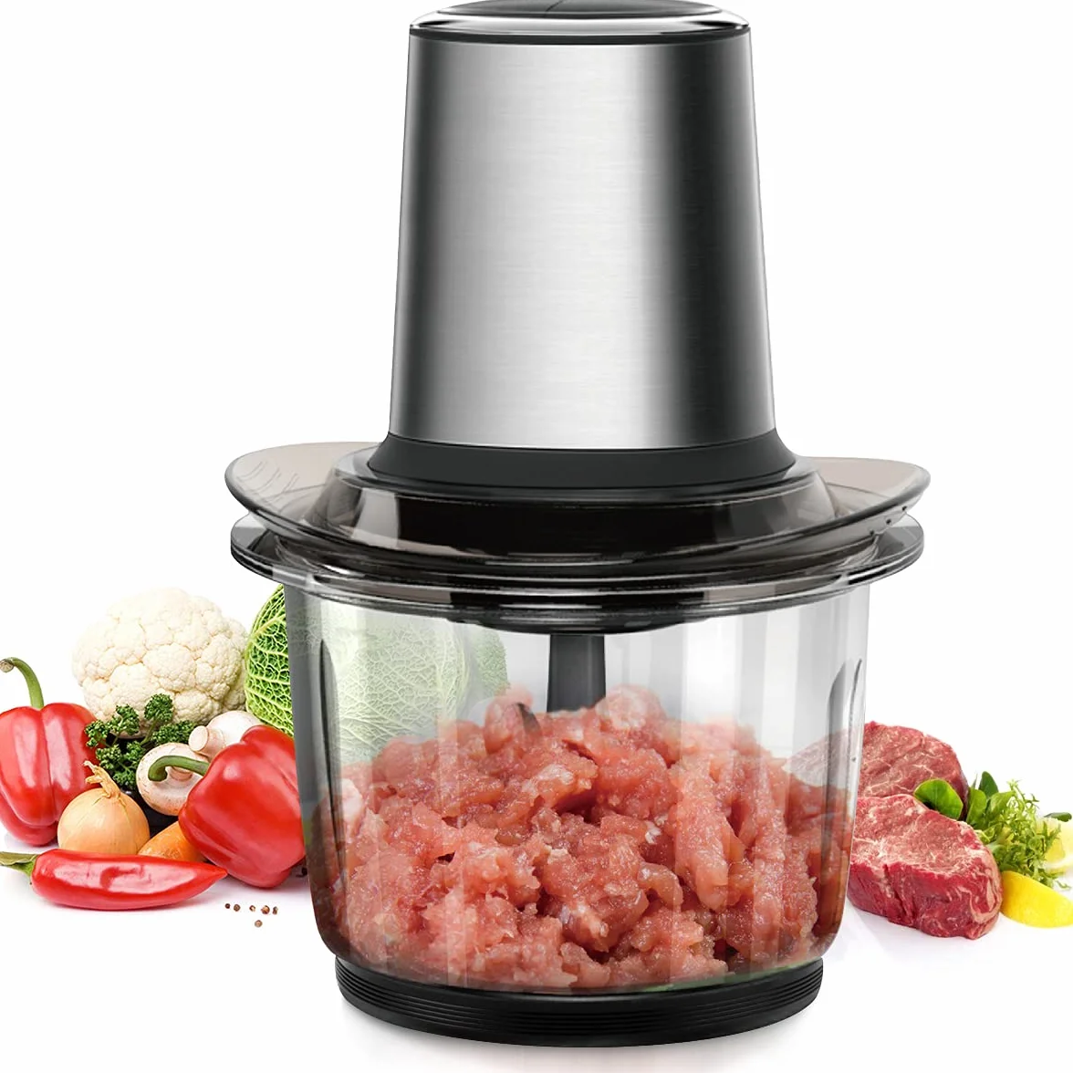 Hachoir Électrique Multifonction Avec Bol Verre 1.5L - 400W, 2 Niveaux de Vitesse, 4 Lames Amovibles pour Viande, Oignon, Herbes, Fruit Sec Rapide