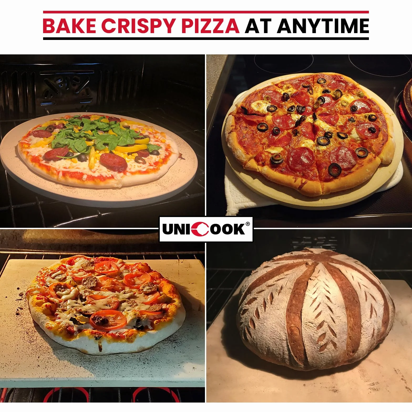 Unicook Pierre à pizza carrée 28 cm – Pierre à pizza pour four et barbecue, pierre de cuisson en cordiérite pour fond de pizza croustillant, pain, biscuits