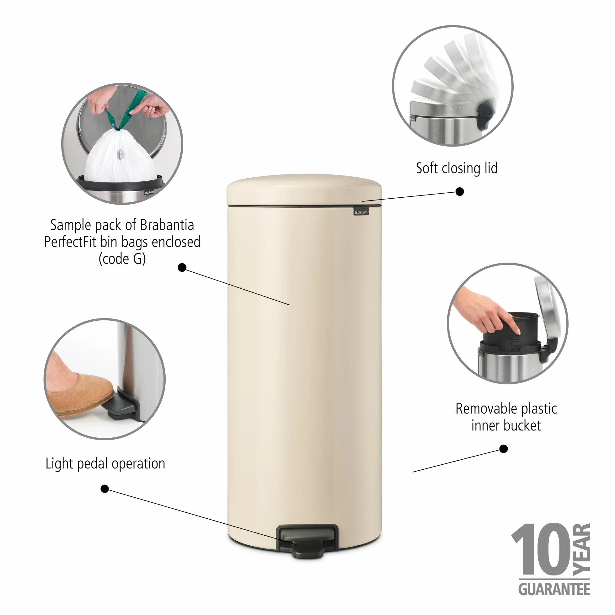 Brabantia Poubelle à Pédale 30L NewIcon - Grande Poubelle Cuisine Couvercle Soft-Close - Soft Beige 30 x 38 x 68 cm