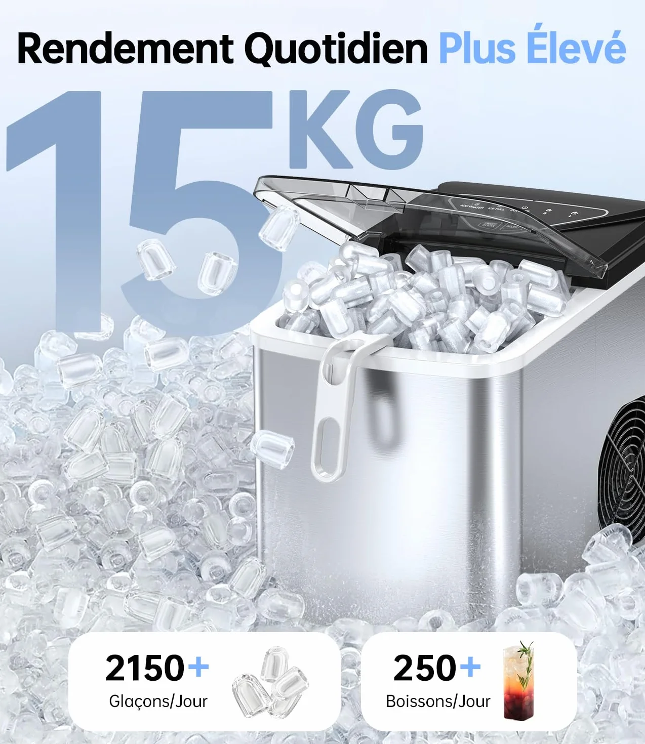 WIE Machine à glaçons, 15 kg de glaçons Ice Maker, 9 cubes en 6 min, Machine à glaçons avec poignée portable, Argent, Machine à glaçons pour la maison/cuisine/bureau/camping-car