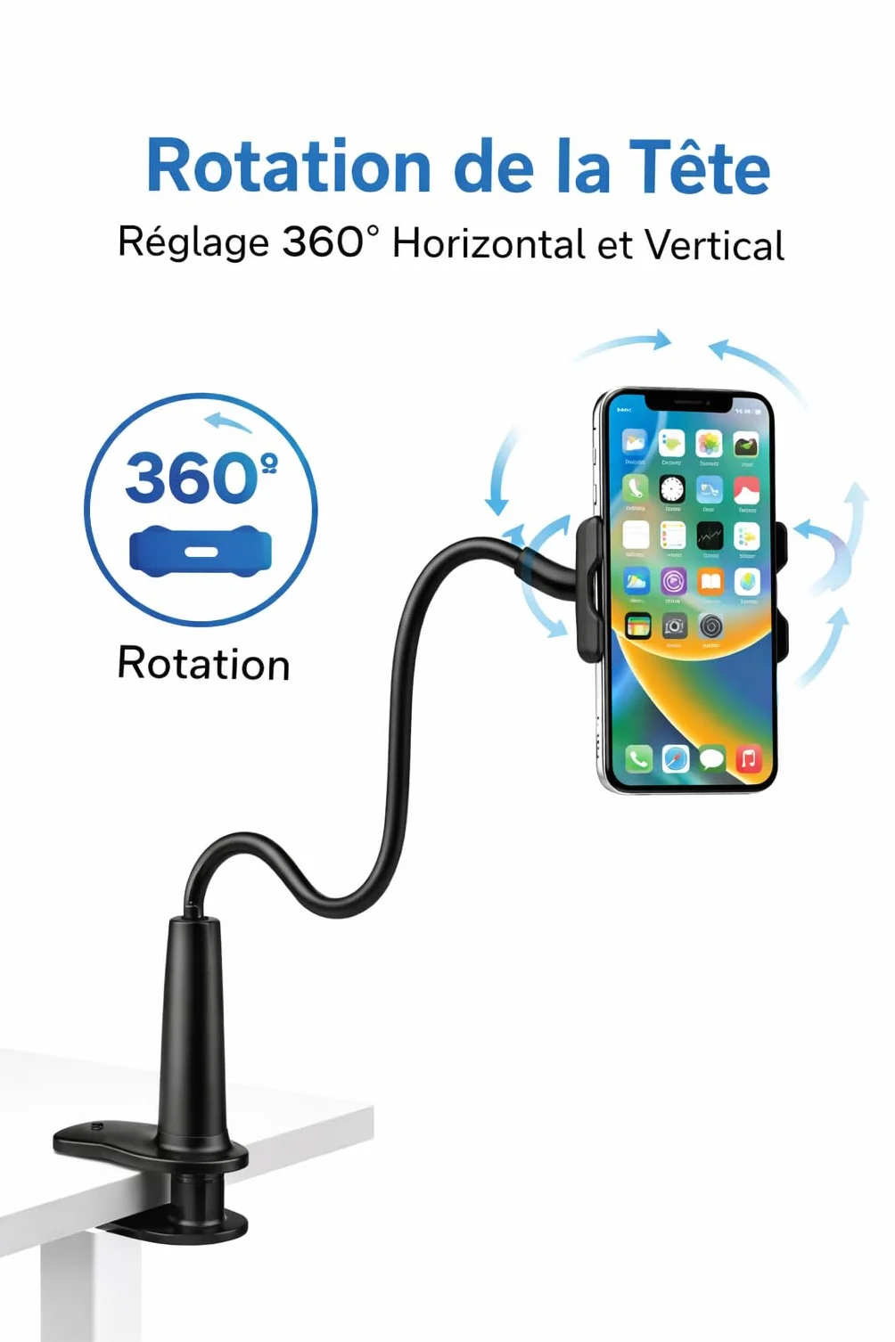 Uchwyt na telefon z łóżkiem, uchwyt na telefon z elastyczną szyjką łabędzia długie ramię regulowany obrót o 360° dla iPhone 13/ 13Pro, 14/14 Pro, 15/15 Pro, 11 Pro XS Max X 8 7, Samsung Huawei Honor