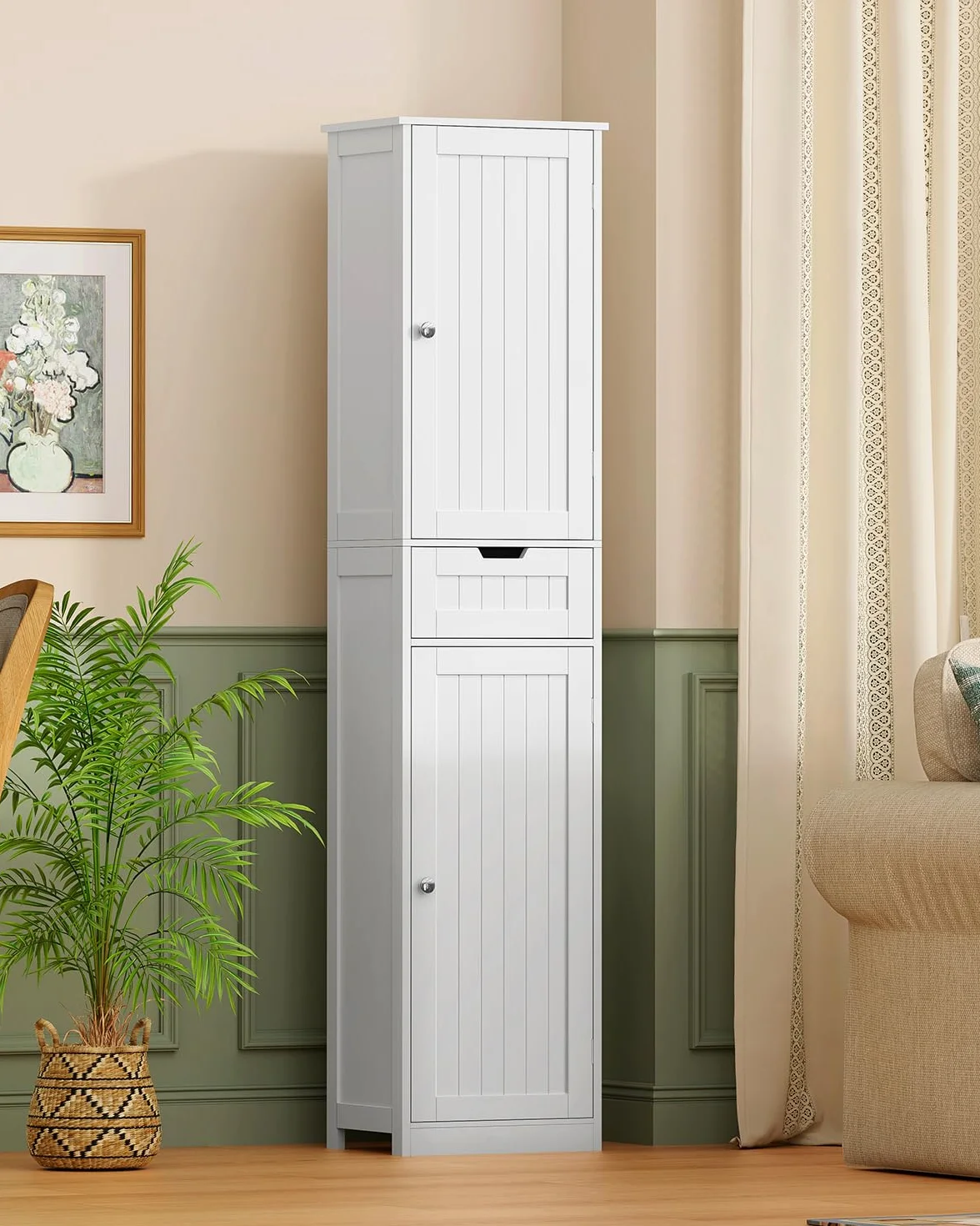 TEENFON Meuble de Salle de Bain avec Portes, Armoire de Rangement Colonne avec Étagères Réglables et Tiroirs, Blanc (40x30x170cm)