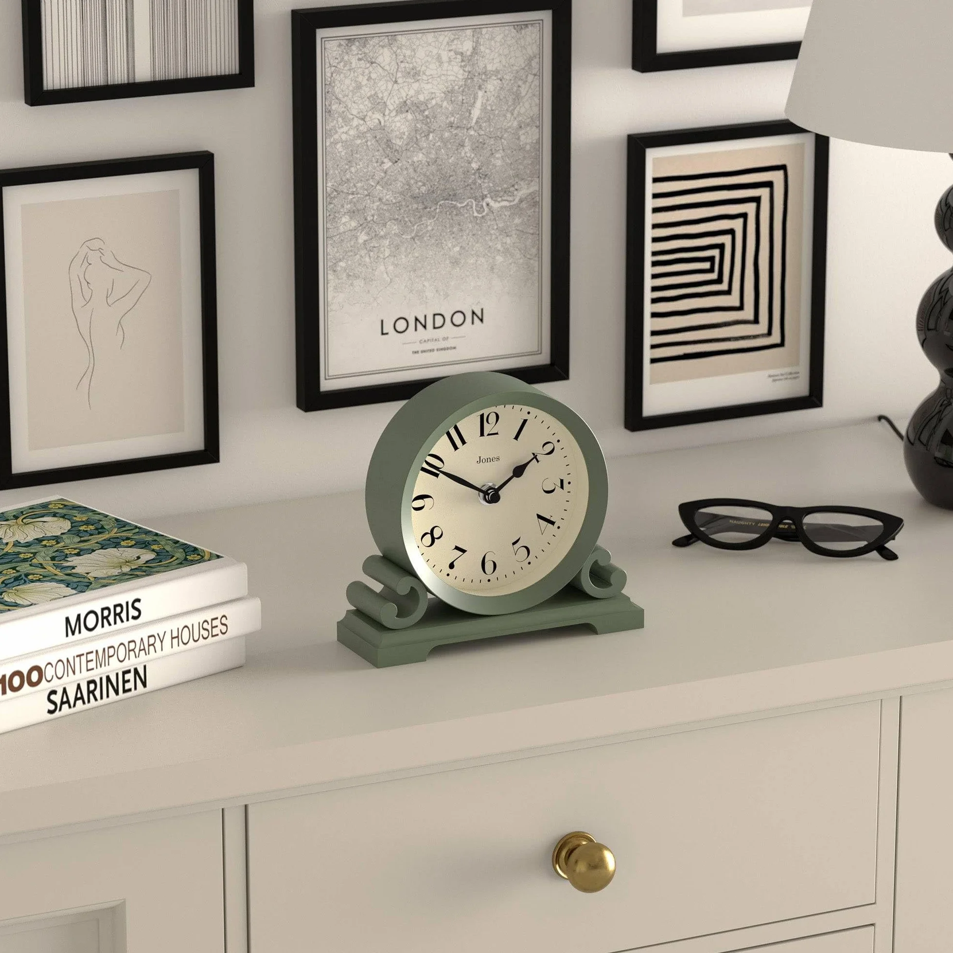 JONES CLOCKS Saloon Horloge de cheminée Petit Design Traditionnel à Double Volute Vert Style Classique Contemporain