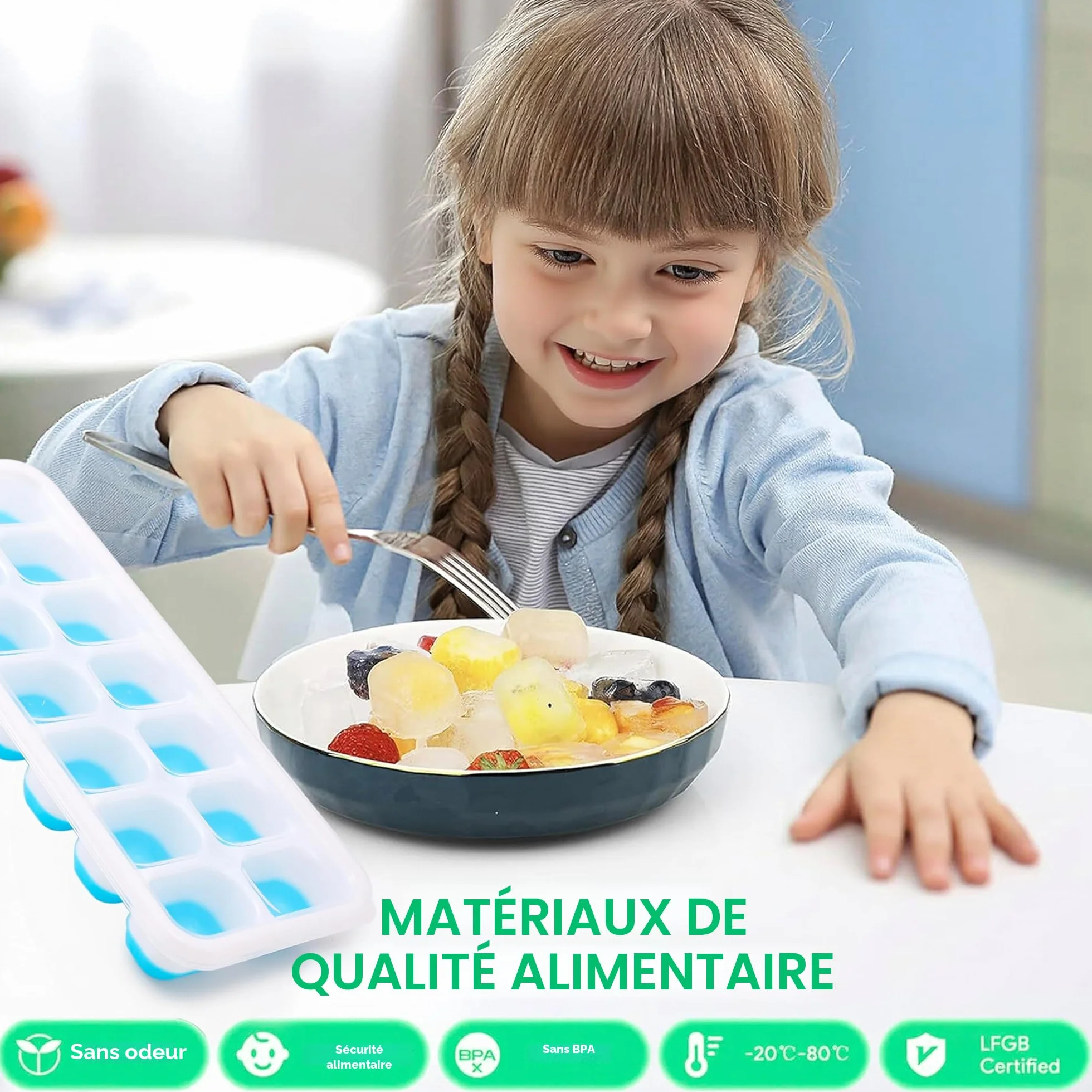 Moule à glaçons en silicone avec couvercle lot de 4 bacs empilables pour babybrei cocktail whisky café Bleu Vert Rose Jaune