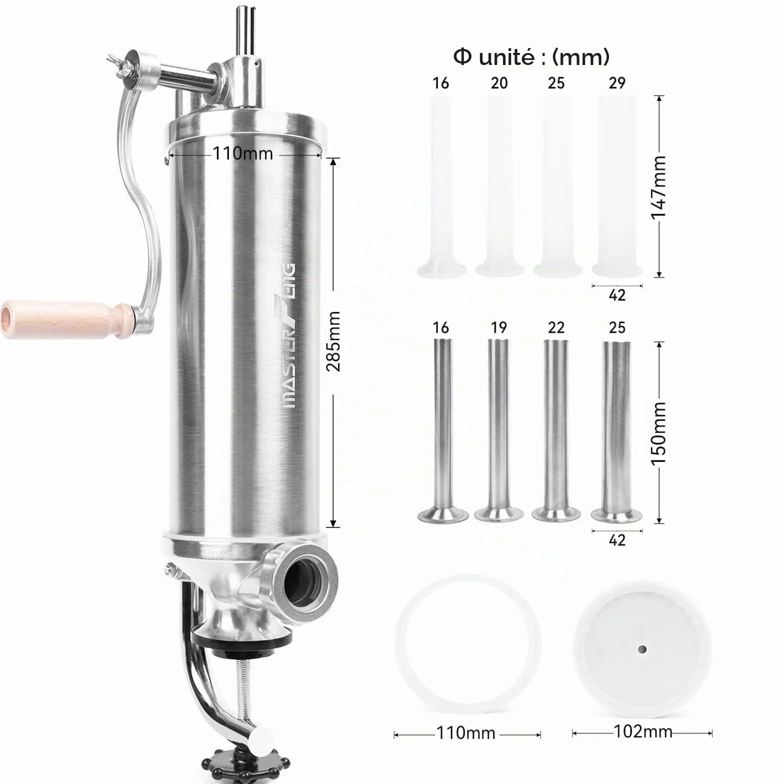 Machine à embosser les saucisses verticale équipée de 8 entonnoirs et d'un piston en silicone (capacité de 5,0 lb)
