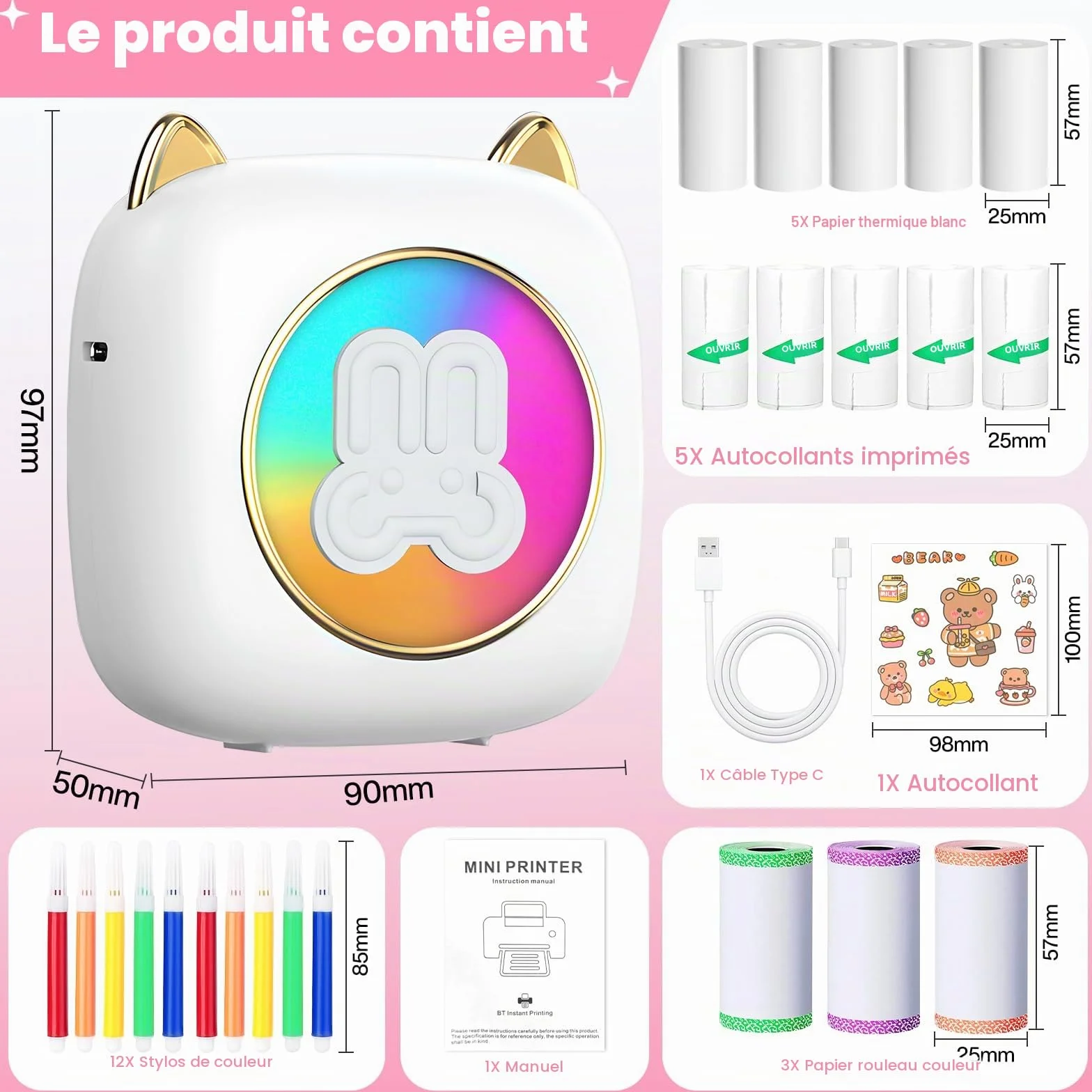 Imprimante Photo Thermique sans Fil Bluetooth Mini Portable avec 14 Rouleaux de Papier pour iOS Android