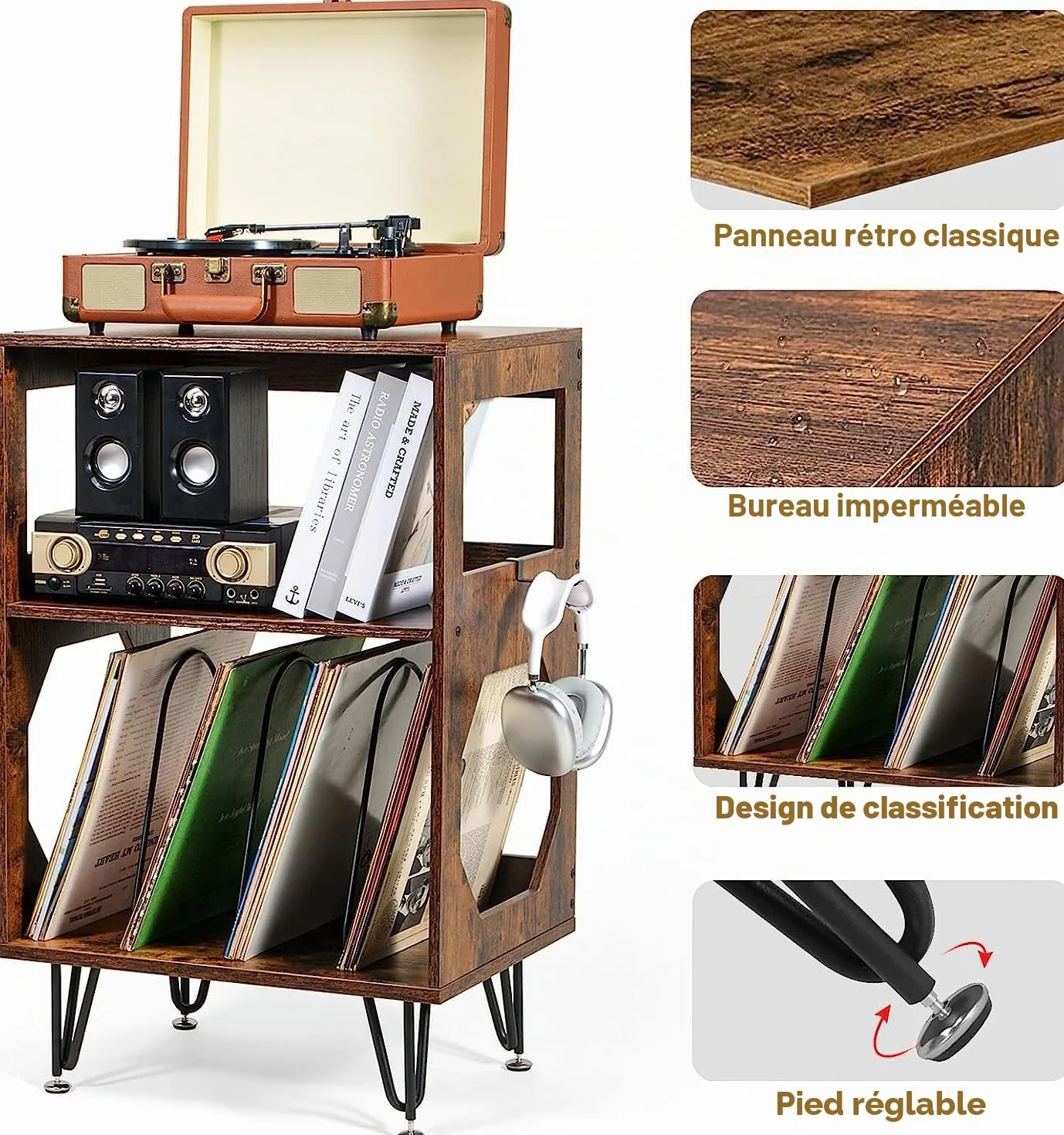 ikkle Table d’Appoint pour Tourne-Disque avec Rangement LP à 3 Niveaux, Support pour tourne-disque en bois marron Meuble Platine Vinyle, Support pour 160 Albums,Étagère de Rangement Disques pour Salon