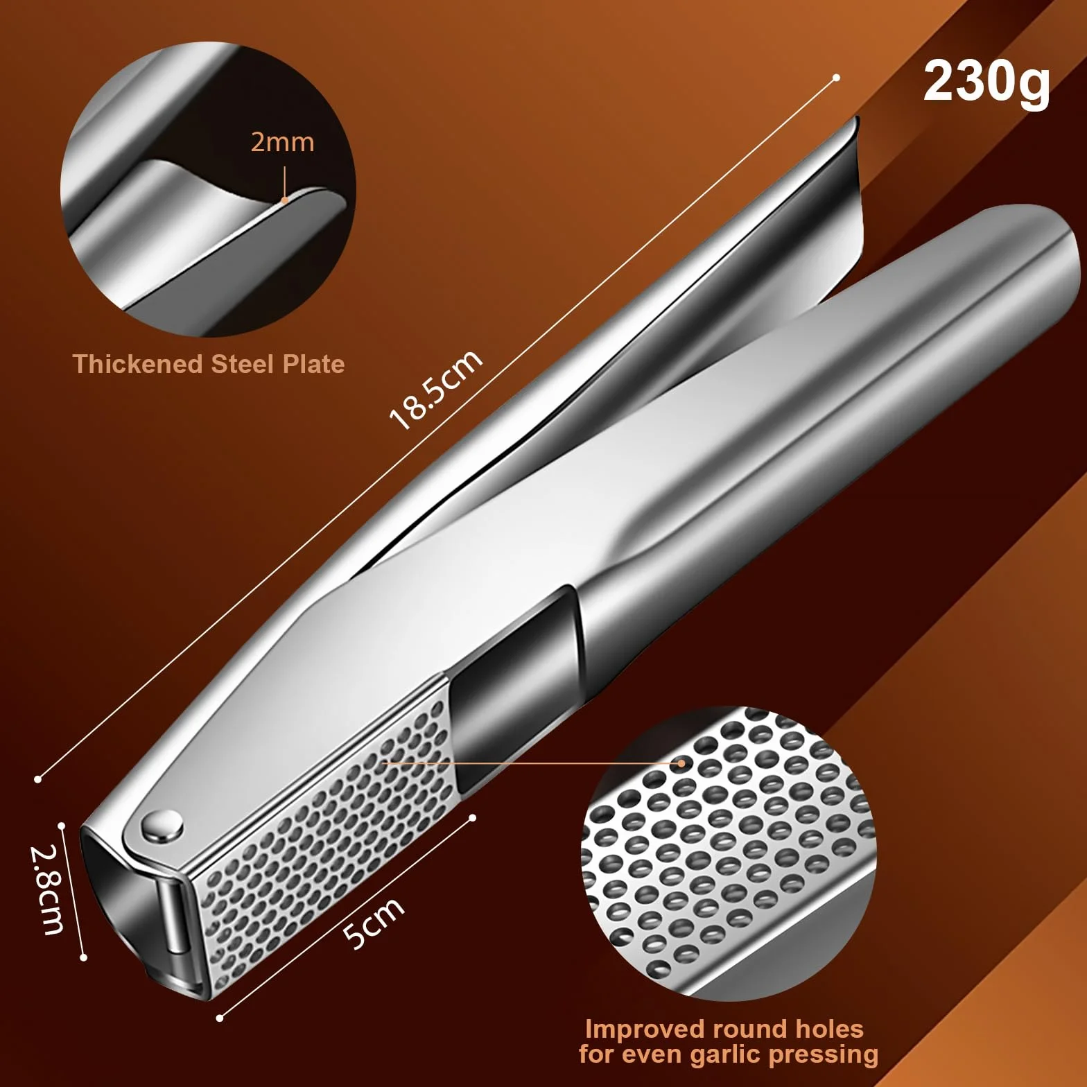 Presse-ail inox 304, sans épluchage, chambre 5 cm, pour sauces et pâtes