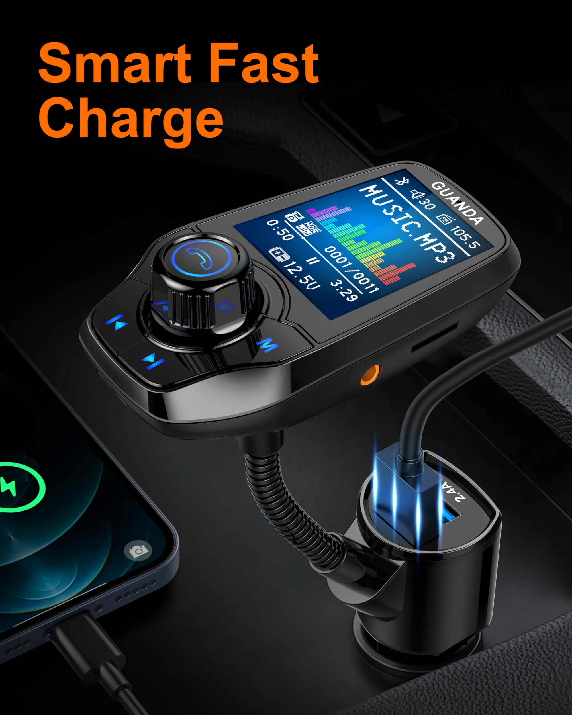 Bluetooth FM Transmitter for Car, Bluetooth Car Adapter, 4-in-1 Car MP3 Player with 1.8 Inch Color Display, AUX Input/Output, 3 Port USB, S Handsfree Call, SD/TF Card, USB Disk,QC3.0,5 EQ Modes