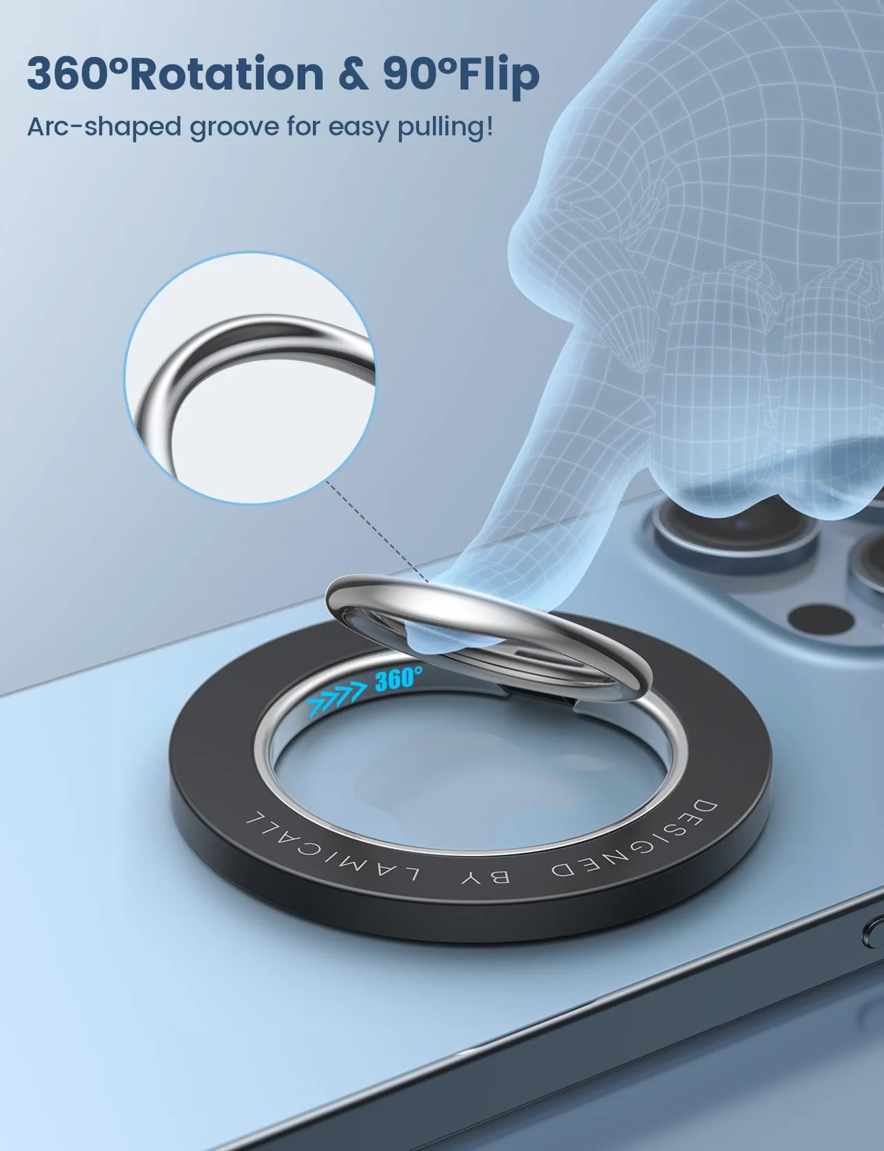 Magnetyczny Pierścień Uchwyt dla Telefonu na Mag-Safe - Lamicall obracalny o 360°uchwyt telefonu [Zdejmowalny i bezprzewodowo ładowalny] dla iPhone 16 15 14 13 12 Series, Inne z Płatą Żelazną -Czarny
