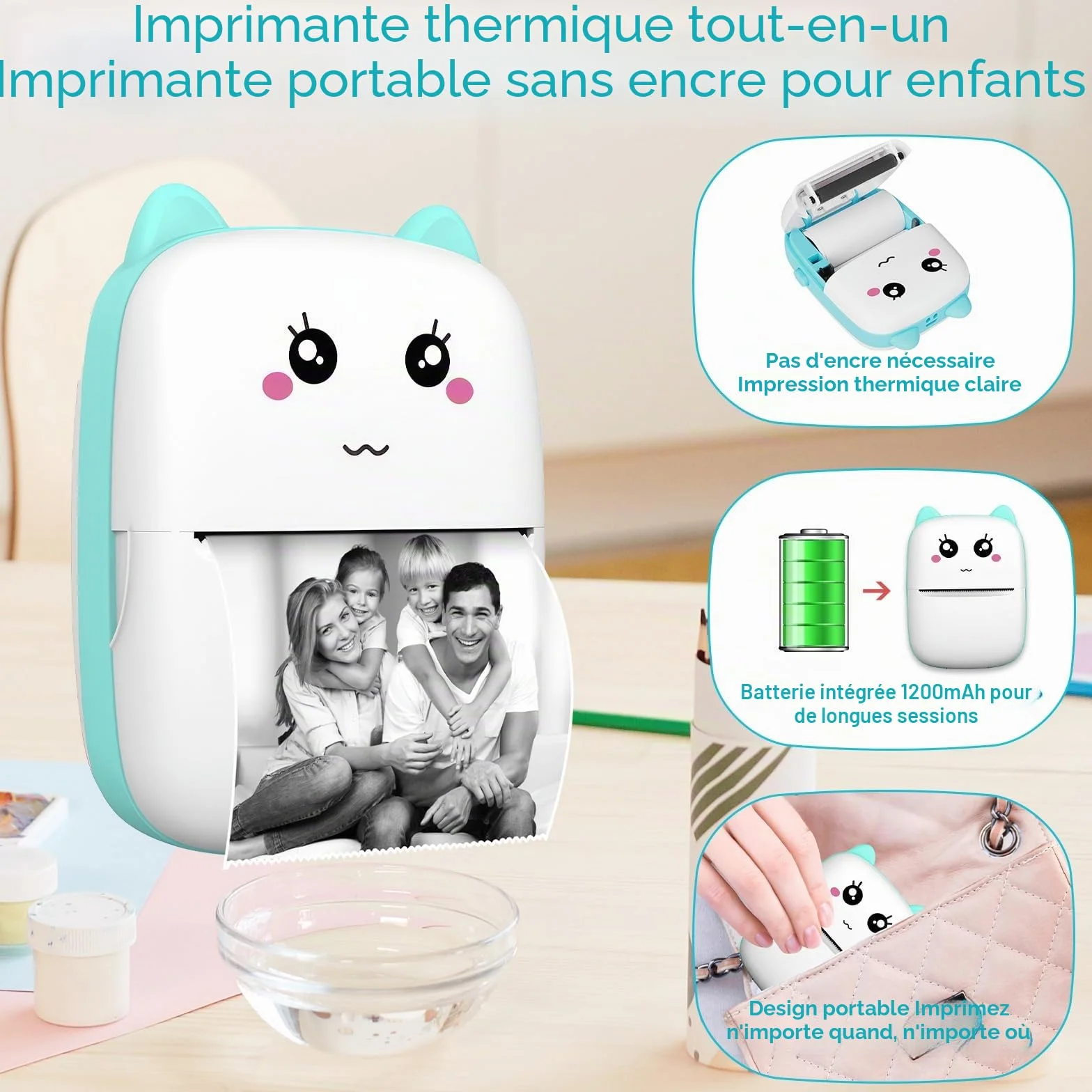 Mini Imprimante Photo Thermique Portable Bluetooth sans Encre iOS Android, Imprimante de Poche Bleu