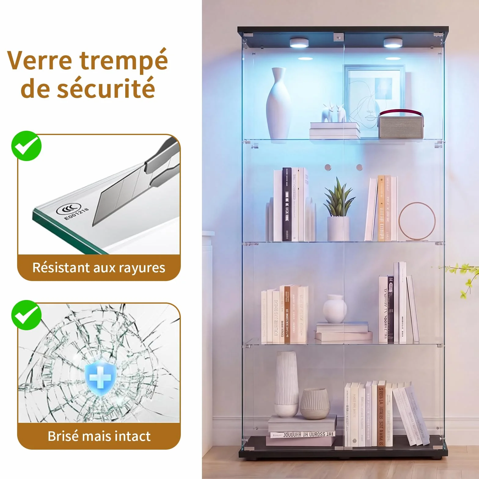 Vitrine en Verre à Miroir avec 4 Étagères, 2 Portes, 164 × 80,5 × 36,5 cm, Collection d'Exposition à Colonne pour Salon avec LED