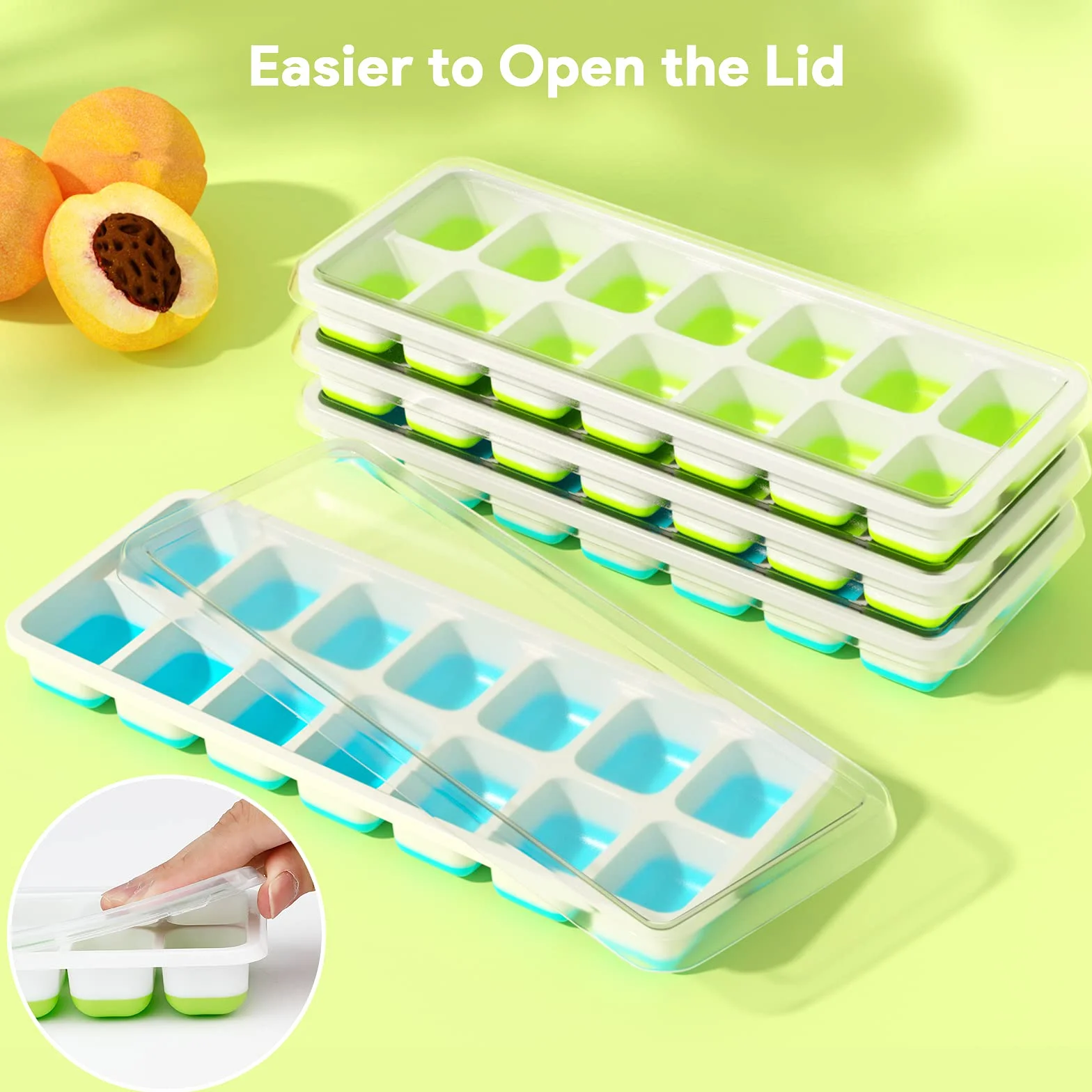 Airabc Lot de 4 bacs à glaçons en silicone avec couvercle, certifié LFGB sans BPA, carrés faciles à retirer Bleu/Vert