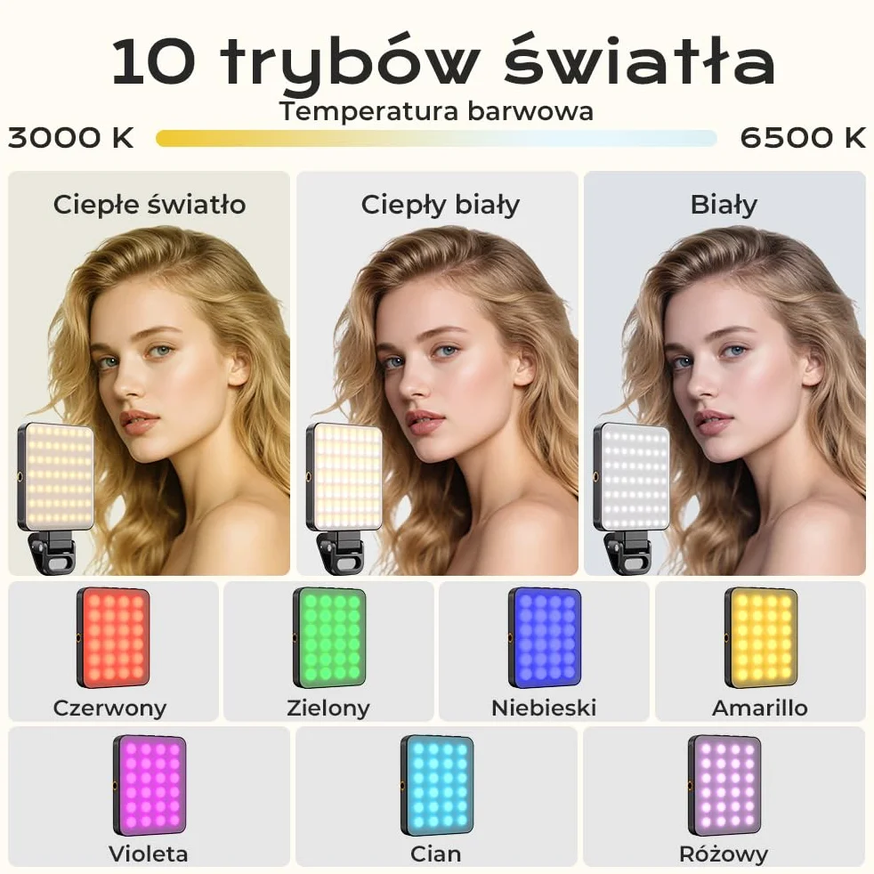 OUSFOT Selfie Phone Light 128LED 3000-6500K Selfie Lamp RGB Tryb 8 Kolorów z Regulowaną Jasnością, Photo Light z Klipsem USB Akumulator, do Telefonu, Aparatu, Komputera