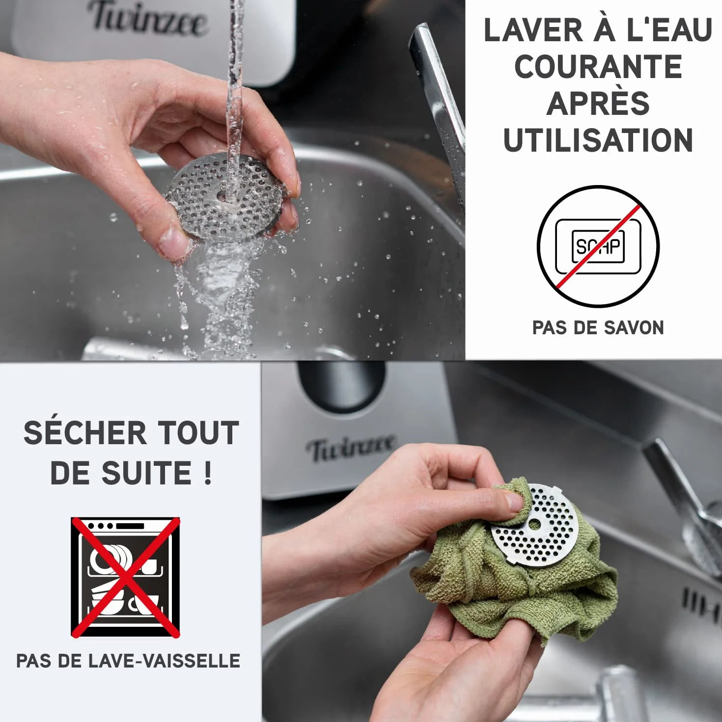 Twinzee Hachoir à Viande Électrique (Noir) - Hachoir Électrique Polyvalent avec 3 Plaques de Coupe en Métal et 3 Embouts à Saucisses, 1500W Max