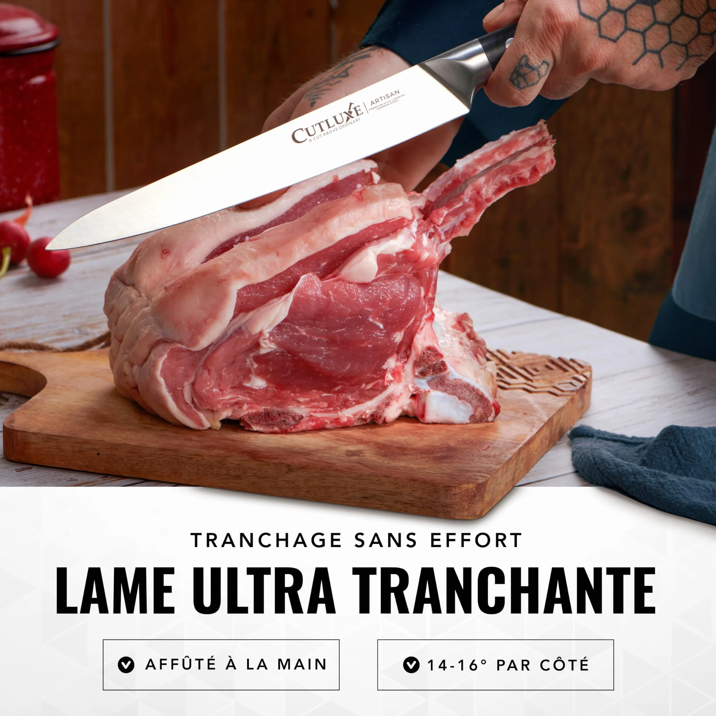 Cutluxe Ensemble de couteaux à découper pour la dinde - Couteau et fourchette pour viande, brisket, BBQ - Lame en acier allemand affûtée - Soie complète, poignée ergonomique - Série Artisan