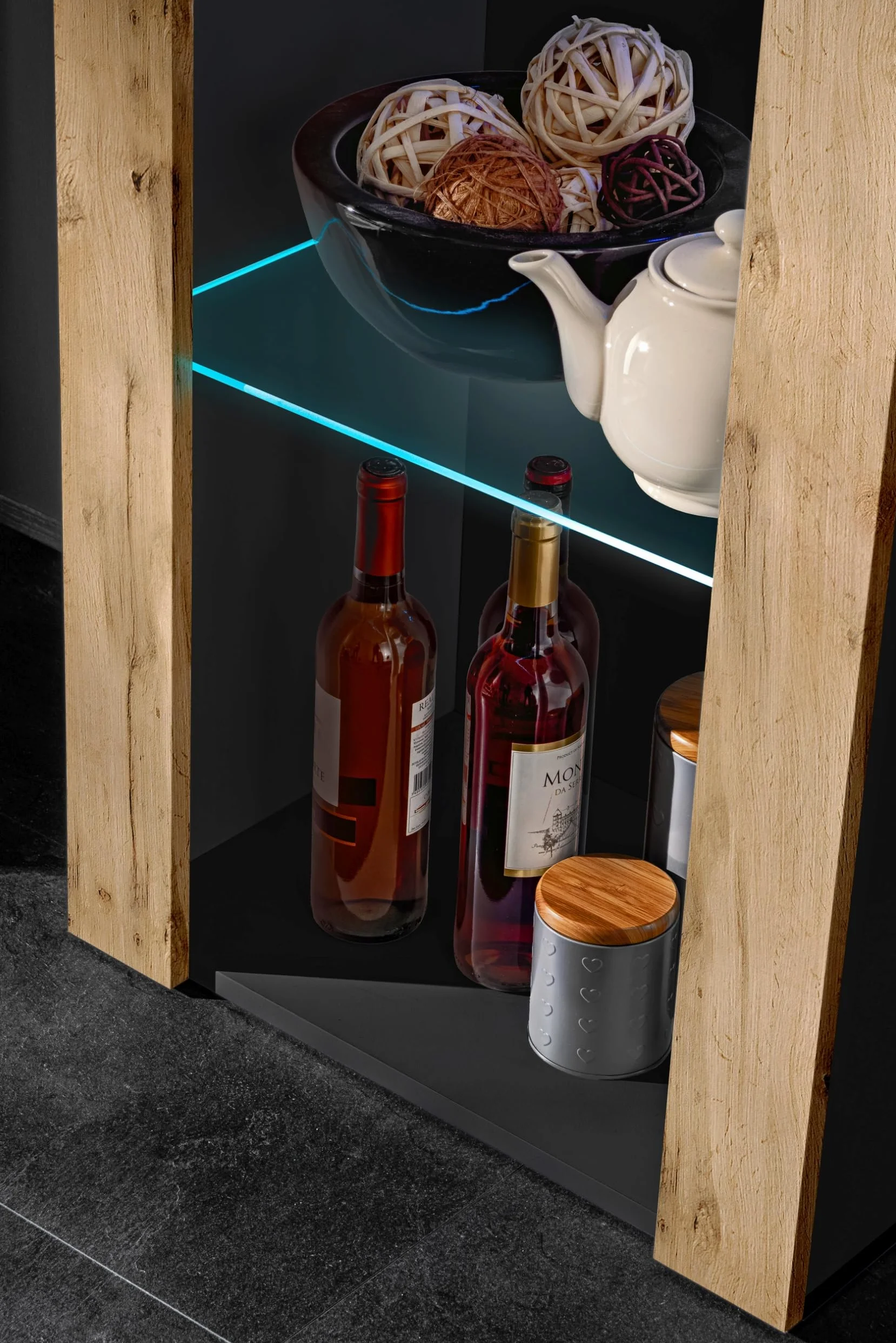 Komodee Vitrine Armoire Tivoli, Noir/Wotan, Largeur 55cm x Hauteur 159cm x Profondeur 35cm, sans LED, 3 étagères en Verre, pour Salon, Chambre, Entrée