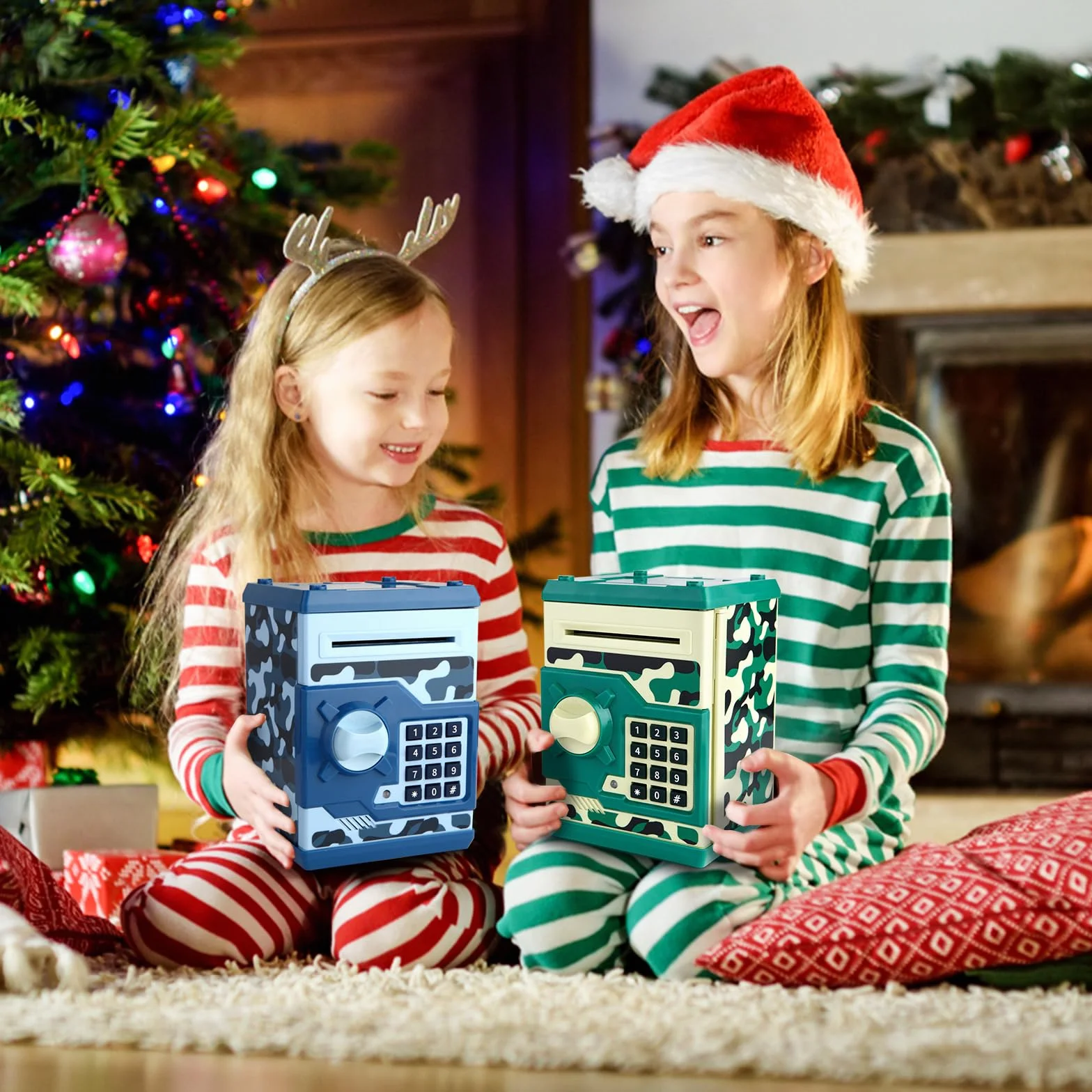 Tirelire Électronique ATM pour Enfants 3+ Coffre-Fort à Code Pièces Billets Grande Capacité Papier Défilement Automatique Bleu