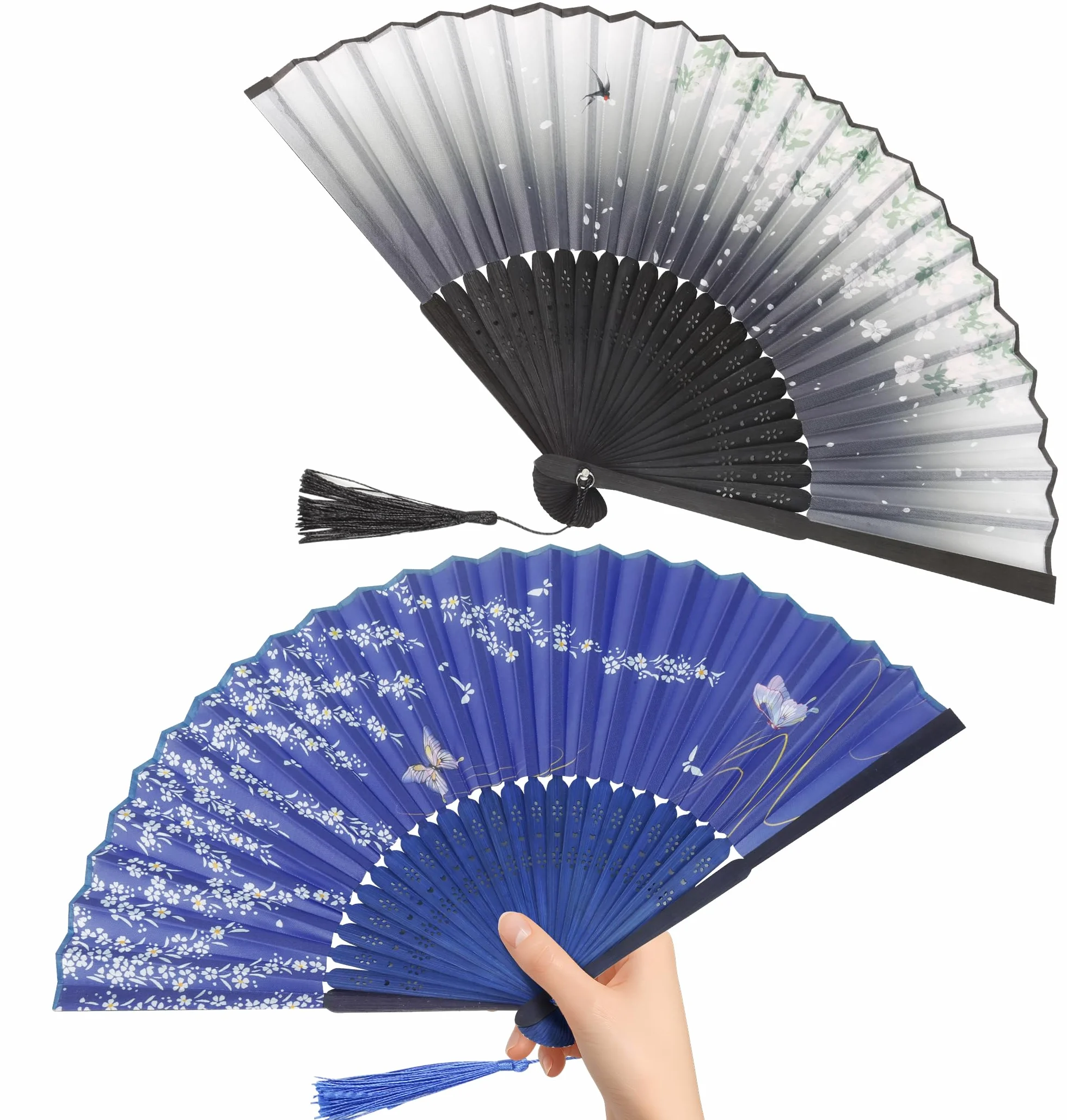 Éventails Pliants à Main avec Frange, Ventilateur Portable pour Fête Mariage Danse, Cadeau pour Dame et Homme (Noir et Bleu)