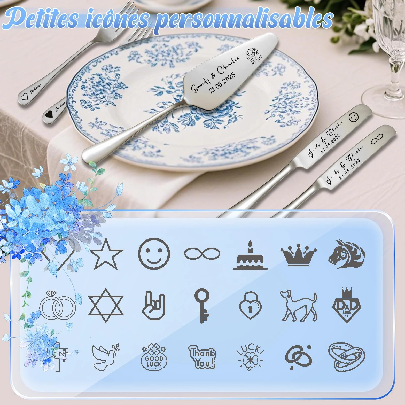 Couteau à Gâteau Mariage Personnalisé Ensemble Acier Inoxydable Gravure Cadeau Fiançailles Argent