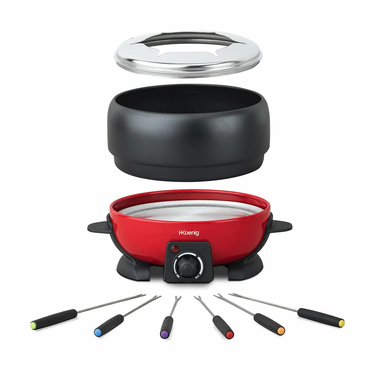 H.Koenig Appareil à Fondue Electrique 6 Fourchettes 2L Inox ALP1800, Service à Fondue Chocolat Bourguignonne Fromage Savoyarde, Bol Amovible Antiadhésif Résistant, Couvercle antiprojection