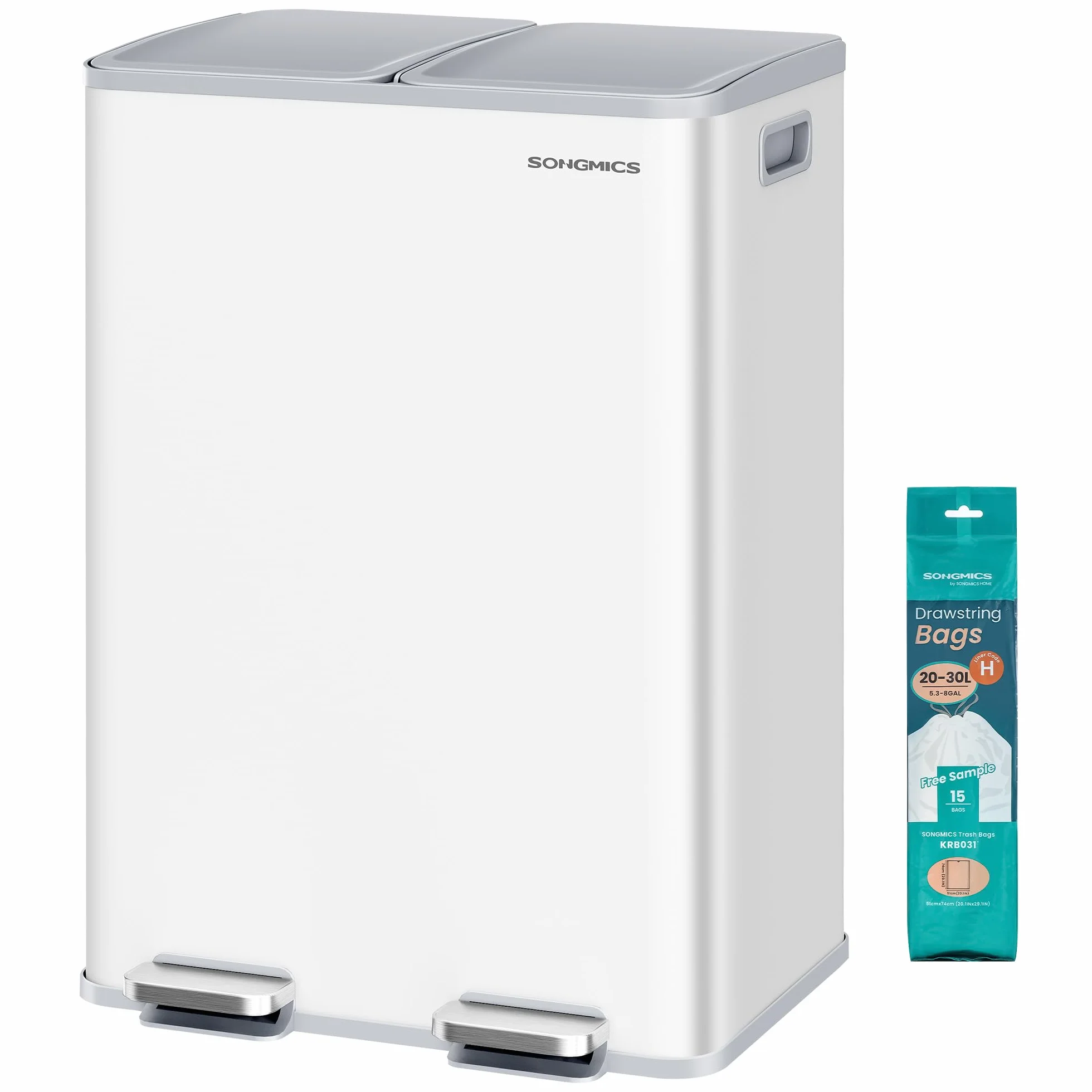 SONGMICS Poubelle de Cuisine 2 x 30 L Acier Inoxydable avec Pédale Blanc Mat LTB741W02