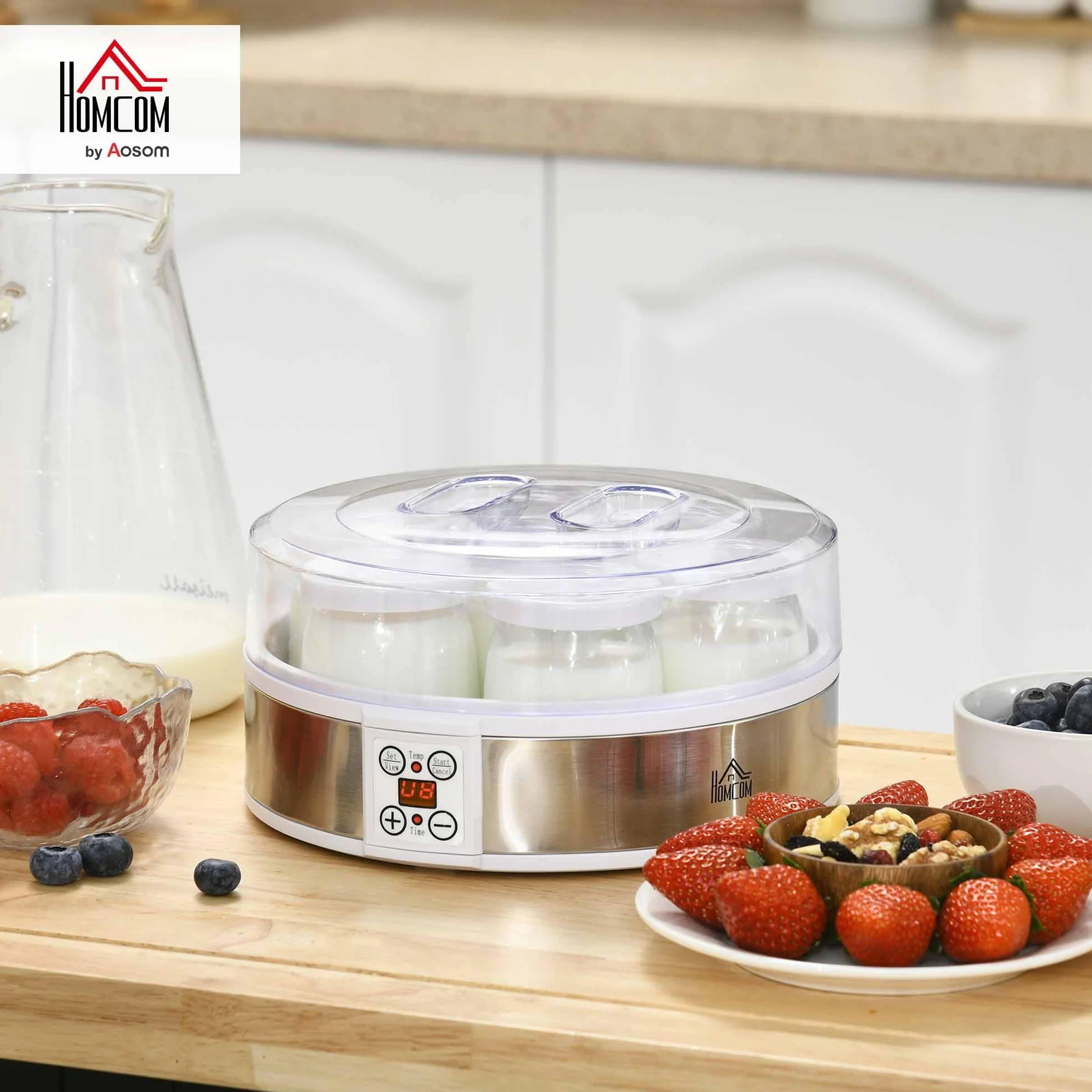 HOMCOM Yaourtière 7 Pots en Verre de 180ml, Machine à Yaourt Électrique en Acier Inoxydable avec Minuterie, Thermostat Réglable et Affichage LED pour Desserts Maison Sains, Blanc