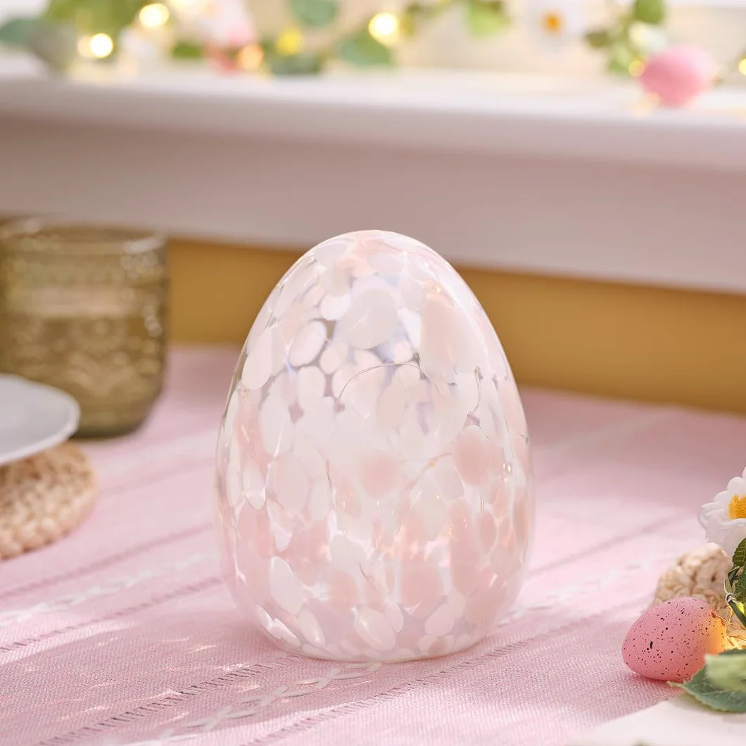 Œuf de Pâques Confetti en Verre LED Blanc Chaud avec Minuterie 6h Hauteur 16 cm Rose