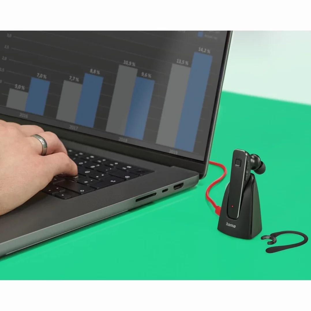 Hama Zestaw słuchawkowy Bluetooth "MyVoice2100", One-Ear (Mono Headset Bluetooth 5.0, akumulator 80 h, bezprzewodowy zestaw słuchawkowy do 2 urządzeń, pałąk na ucho S/L, idealny dla osób noszących