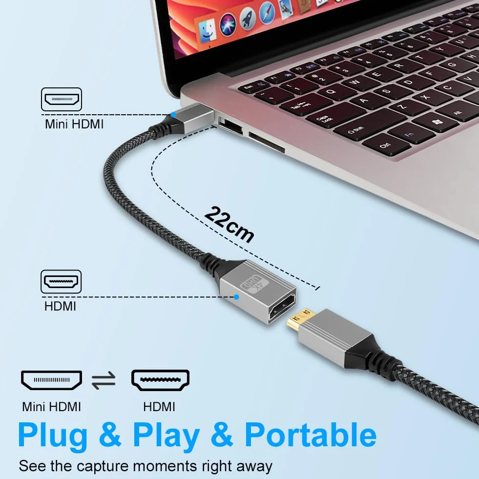 AXFEE Adapter Mini HDMI na HDMI, 4K 60 Hz MiniHDMI wtyczka na gniazdo, adapter mini HDMI, kompatybilny z DSLR, kamerą, laptopem, tabletem, HDTV, projektorem 20 cm