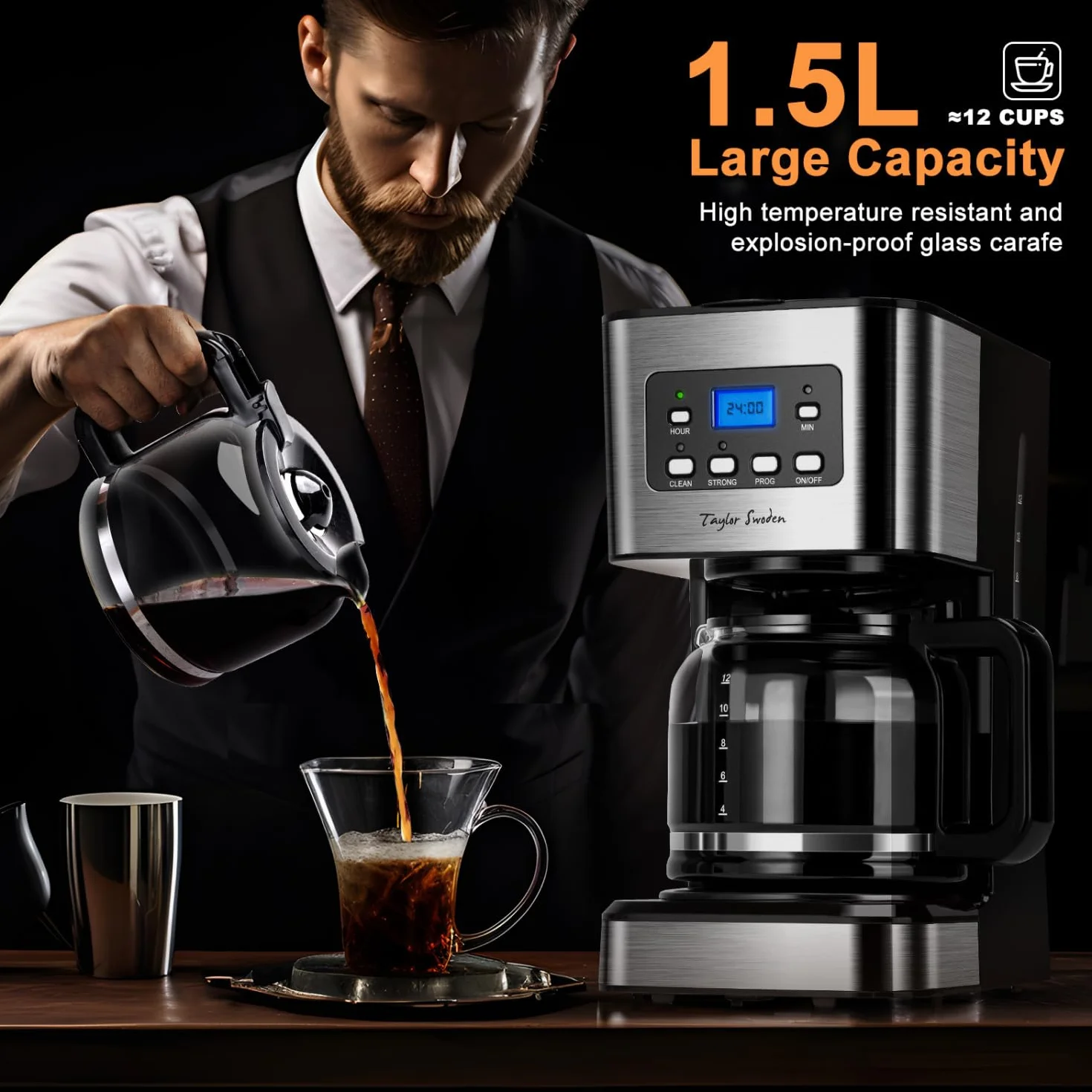 Taylor Swoden Cafetiere Filtre, Programmable 24h Cafetiere Electrique 1,5L à 12 tasses, Machine a Cafe Maintien au Chaud et Anti-Goutte 40 Min, Infusion Rapide, 950W, 0% BPA, Noir - Darcy