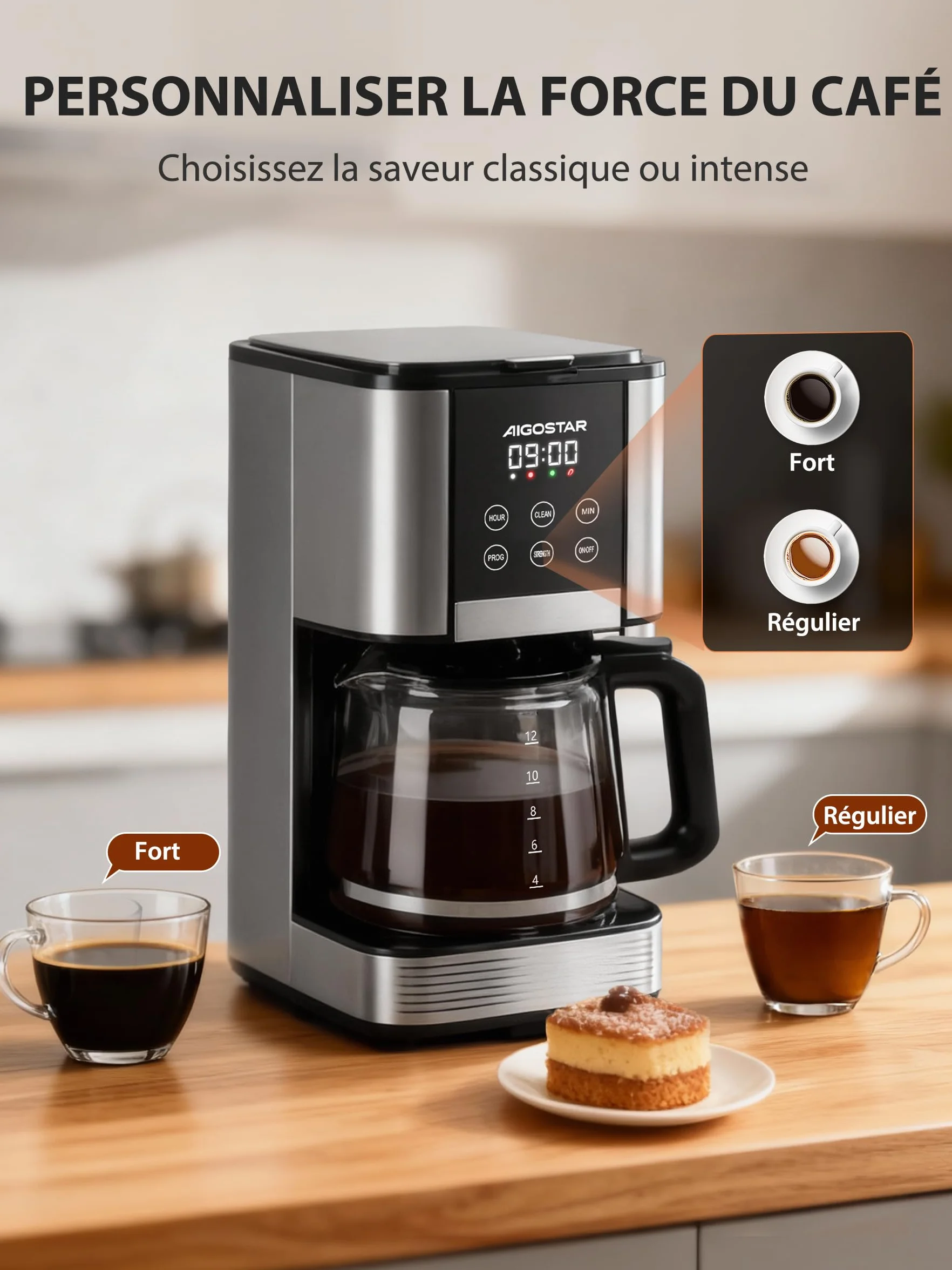 Aigostar Cafetière Filtre Électrique Programmable 24h 12 Tasses 1,5L Acier Inoxydable Réglage Intensité Écran LCD Anti-Goutte Maintien Chaud Auto-Nettoyage 1000W,0% BPA,Noir