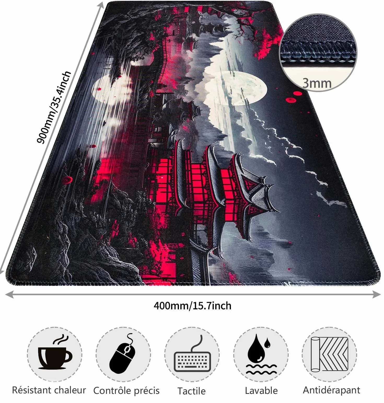 Tapis de Souris Gaming XXL 900x400mm Japonais Antidérapant Bords Cousus Imperméable
