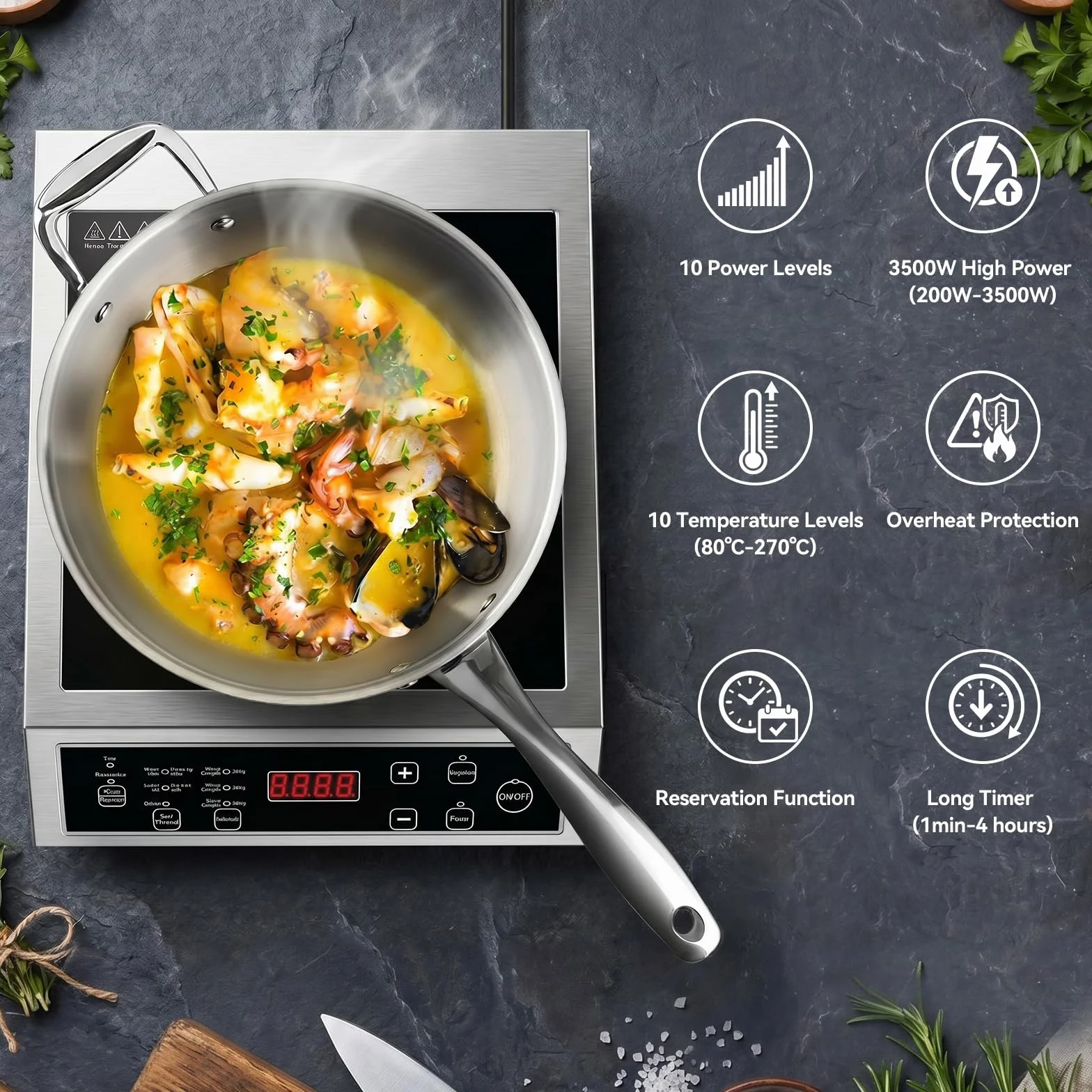 Plaque à Induction 3500W Portable, Plaque Induction Simple avec Commande Tactile, 10 Niveaux de Puissance et Température, Minuterie 4 Heures, Usage Professionnel