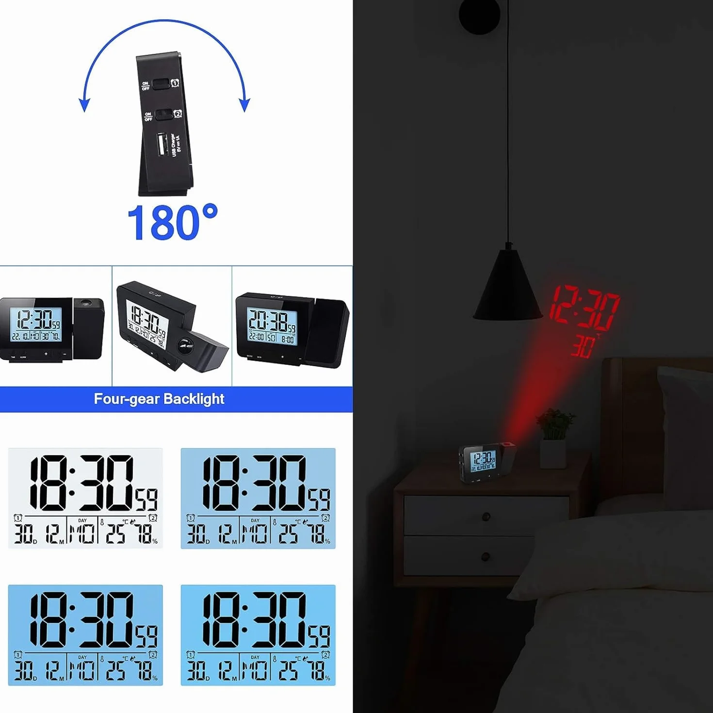 Réveil à Projection Numérique pour Chambre avec Température, Snooze et Luminosité Réglable