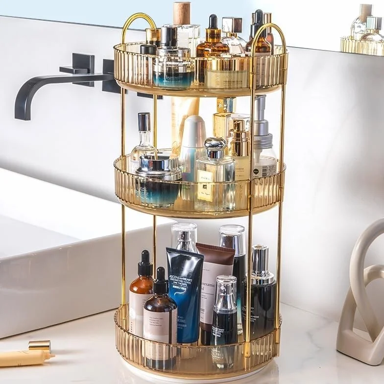 CESTATIVO Organisateur de maquillage, rotatif à 360°, organisateur de cosmétiques, organisateur de soins de la peau pour salle de bain (3 couches, ambre)