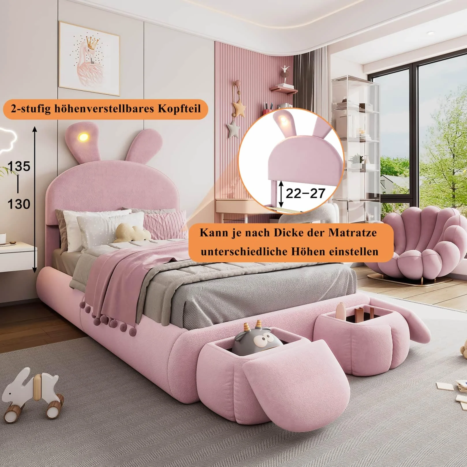 PUGSDRLY Lit Enfant 90x200 cm Lapin,Lit Une Place Rembourré avec LED Réglable,2 Bancs de Rangement,Tête Réglable,Sommier à Lattes,pour Filles,Garçons,Velours(Rose, 90x200)