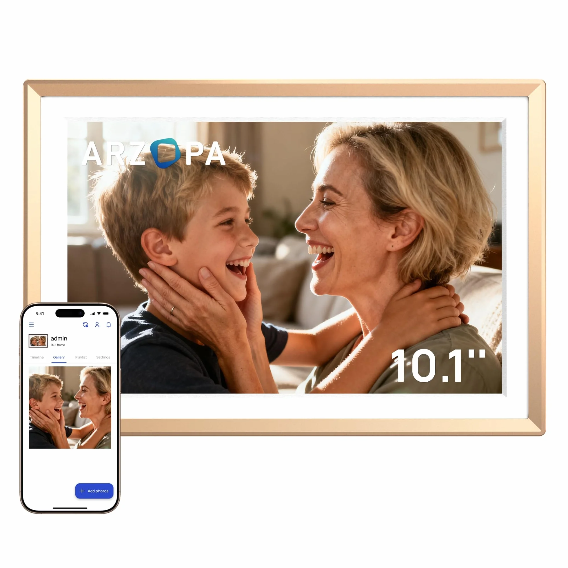 ARZOPA Cyfrowa Ramka na Zdjęcia WiFi 10,1" Nielimitowana Chmura Metalowa Ramka Cyfrowa HD IPS Ekran Dotykowy Bez Abonamentu Udostępniaj Zdjęcia/Filmy Zdalnie bez Limitu Idealny na Prezent - D10 GOLD