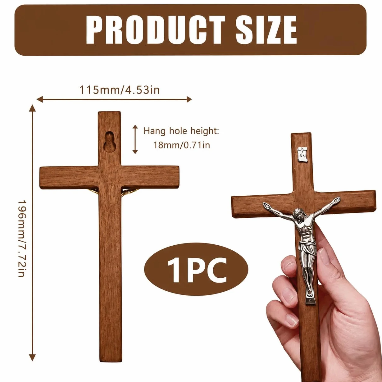 Crucifix mural en bois 20 × 11,5 cm croix catholique avec Jésus-Christ décoration chrétienne aspect platine