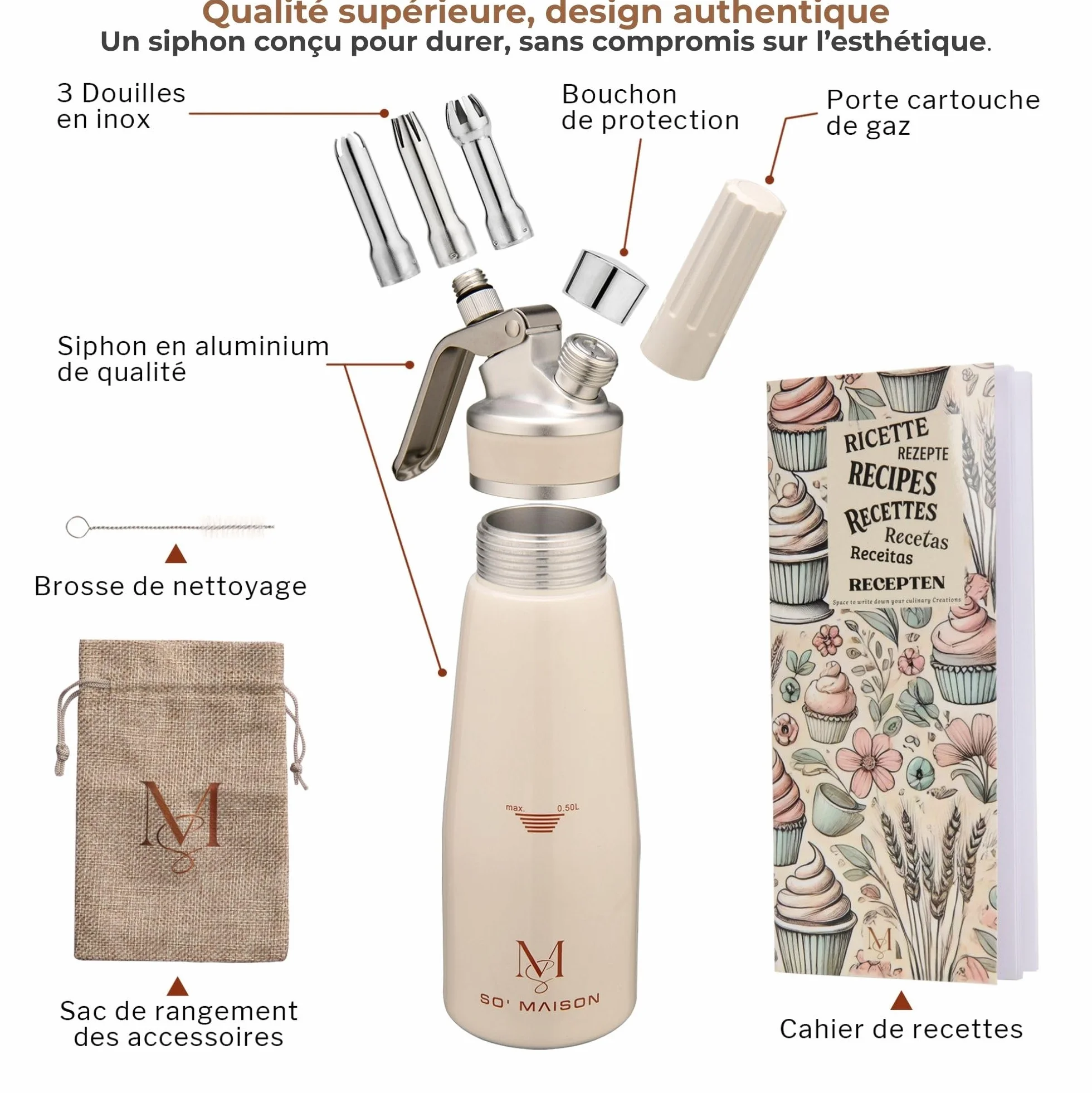 SO'MAISON Siphon Chantilly 500ml Aluminium Crème Vintage Cahier de Recettes Matériel de Pâtisserie Professionnel