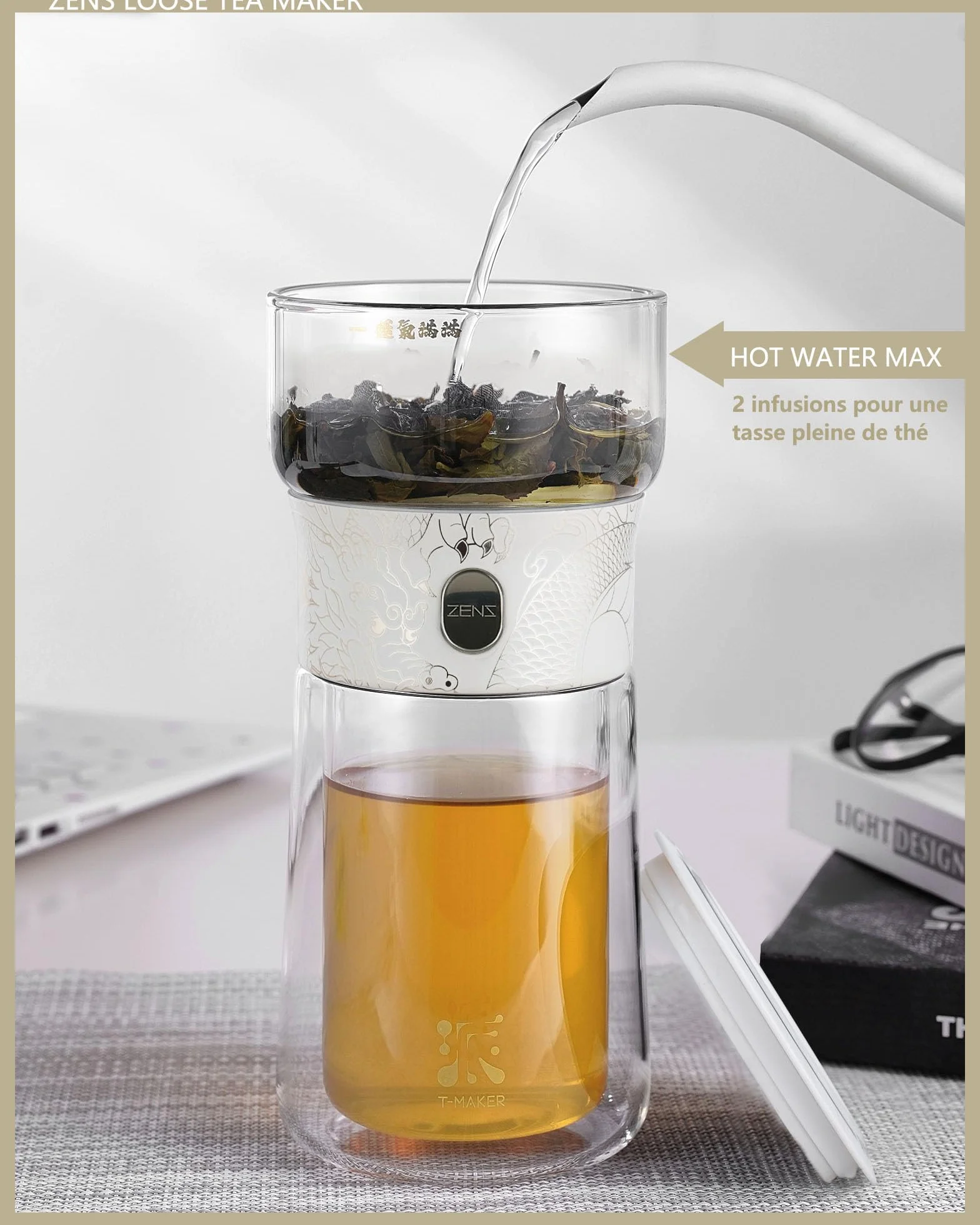 ZENS theiere avec infuseur, magique à une seule touche théière en verre pour Thé en Feuilles vrac sans dégâts, Cool Machine à Thé avec Tasse isotherme et sac de portable, à offrir en cadeau